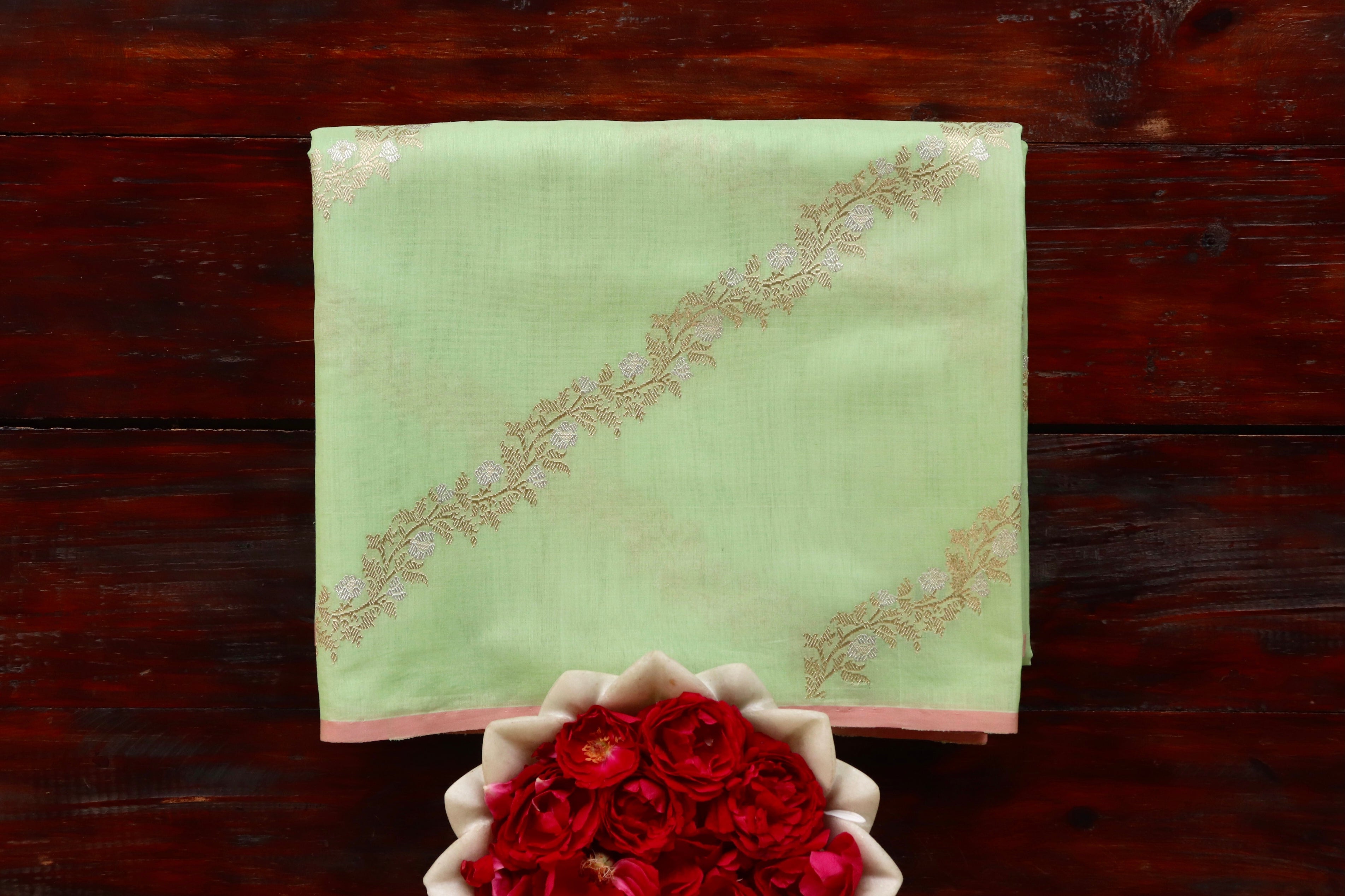 Pista Green Aada Jangla Pure Katan Silk Banarasi Saree