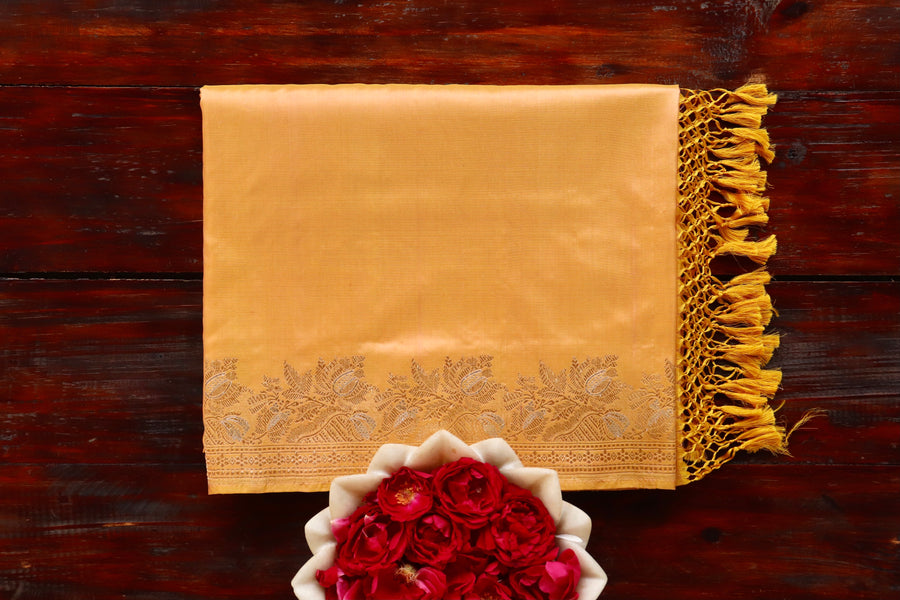 Peach Katan silk Banarasi saree with thread-by-thread motifs, draped for the camera.