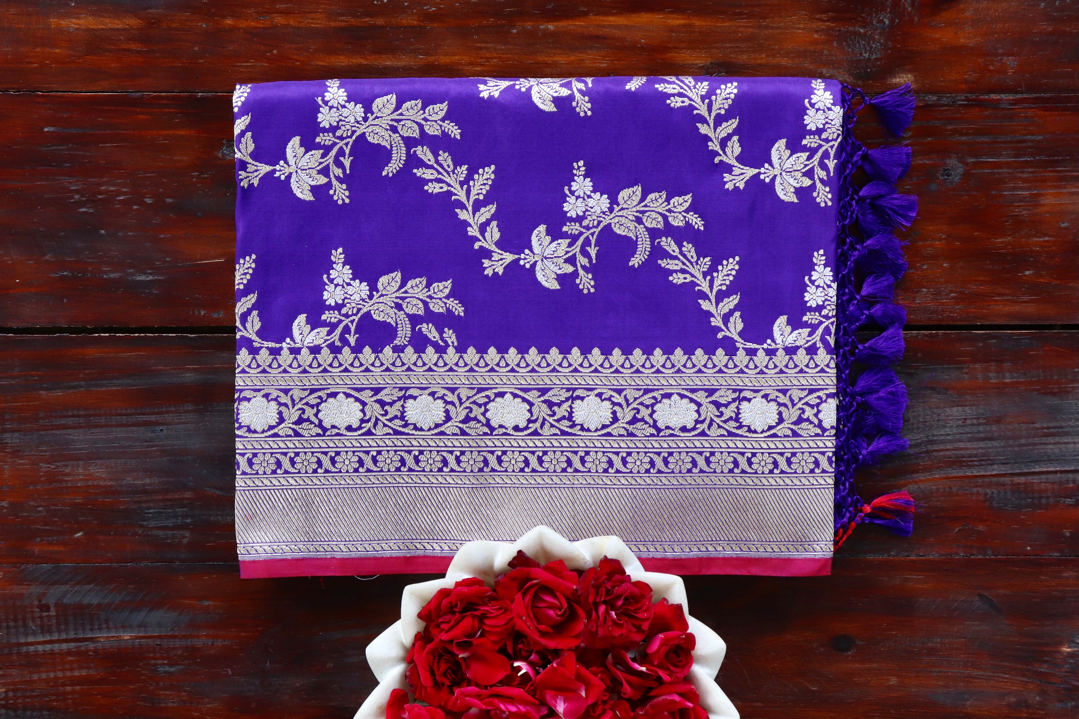 Purple Blue Kadhua Phool Jangla Katan Silk Saree