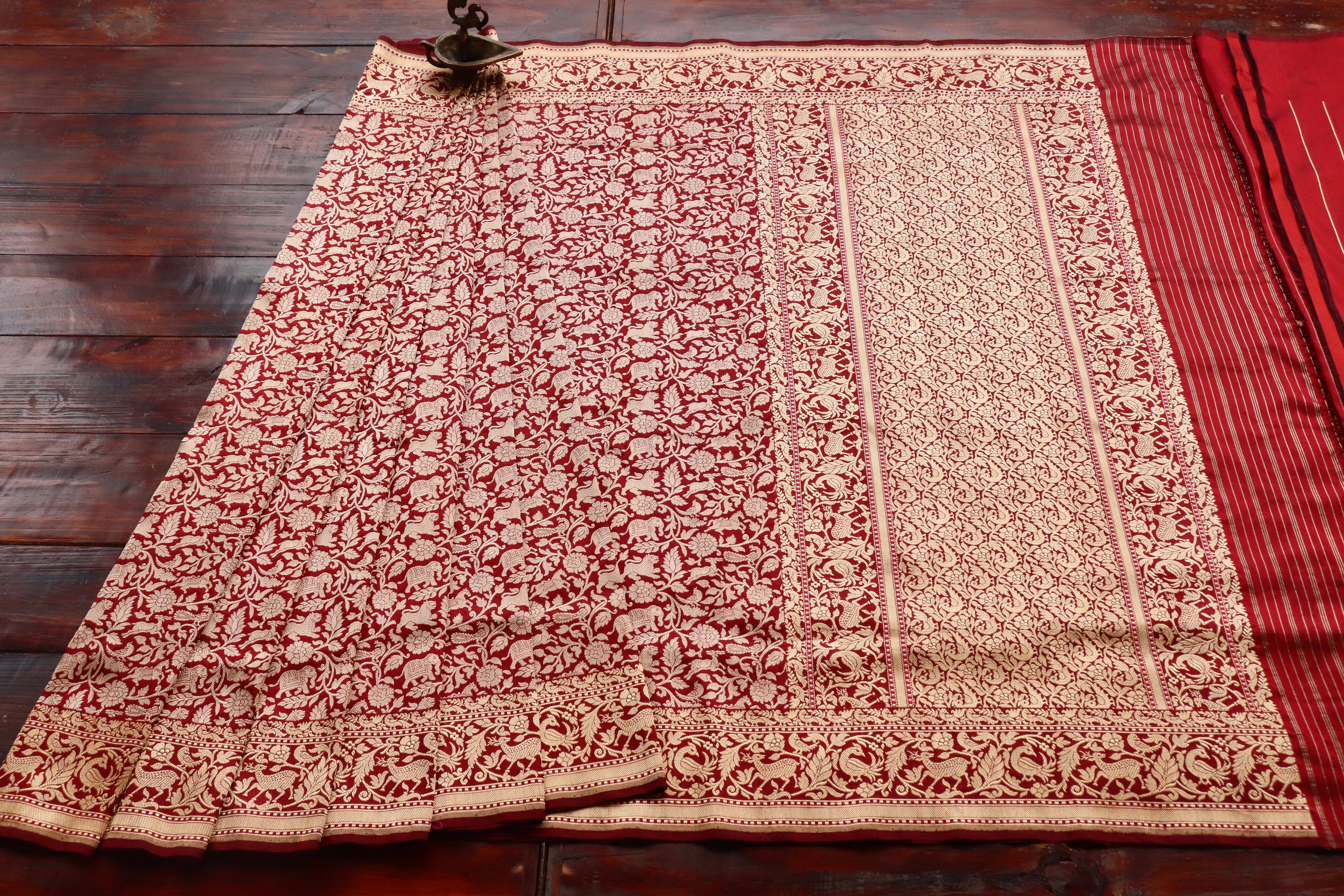 Maroon Shikargah Pure Silk Handloom Banarasi Saree