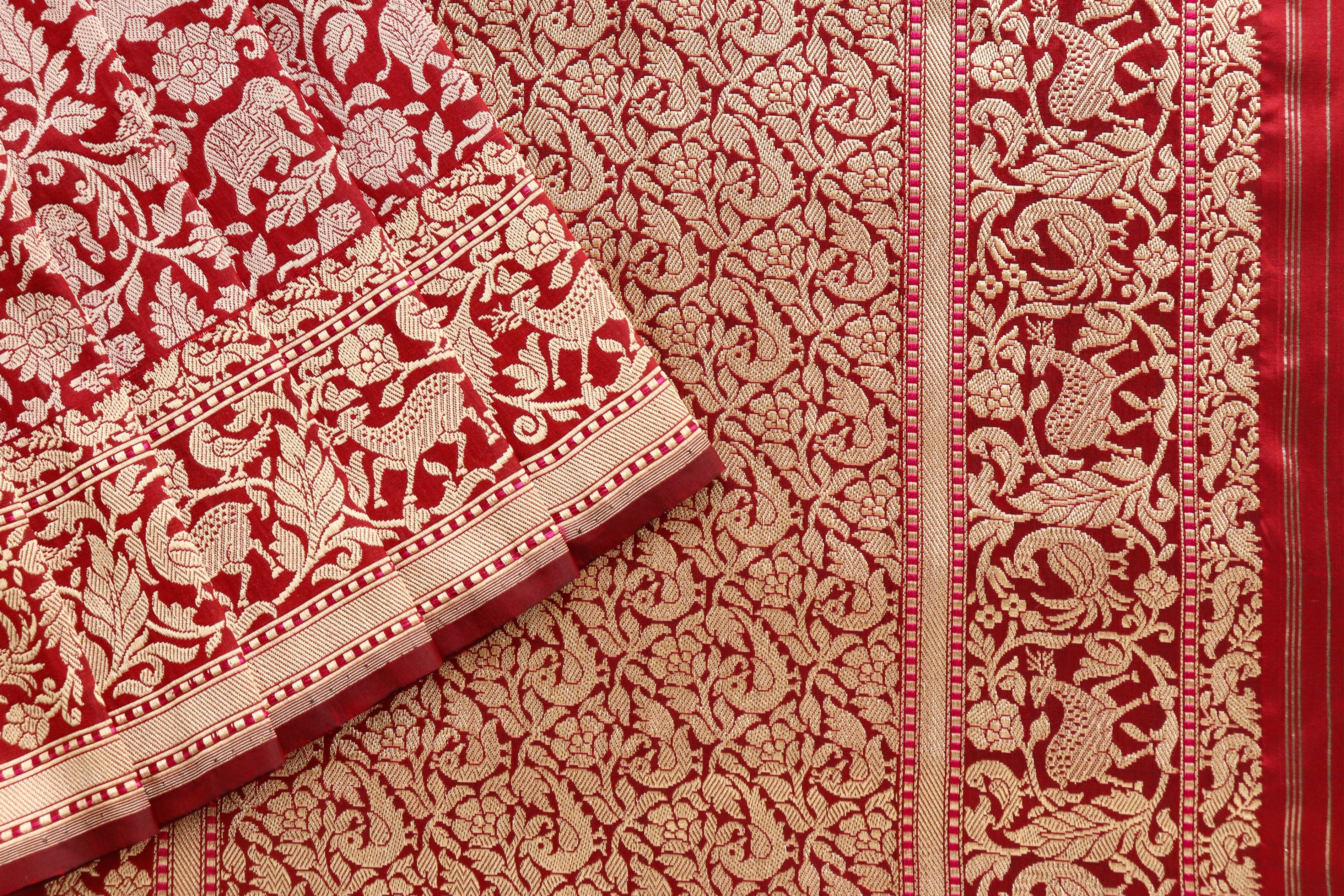 Maroon Shikargah Pure Silk Handloom Banarasi Saree