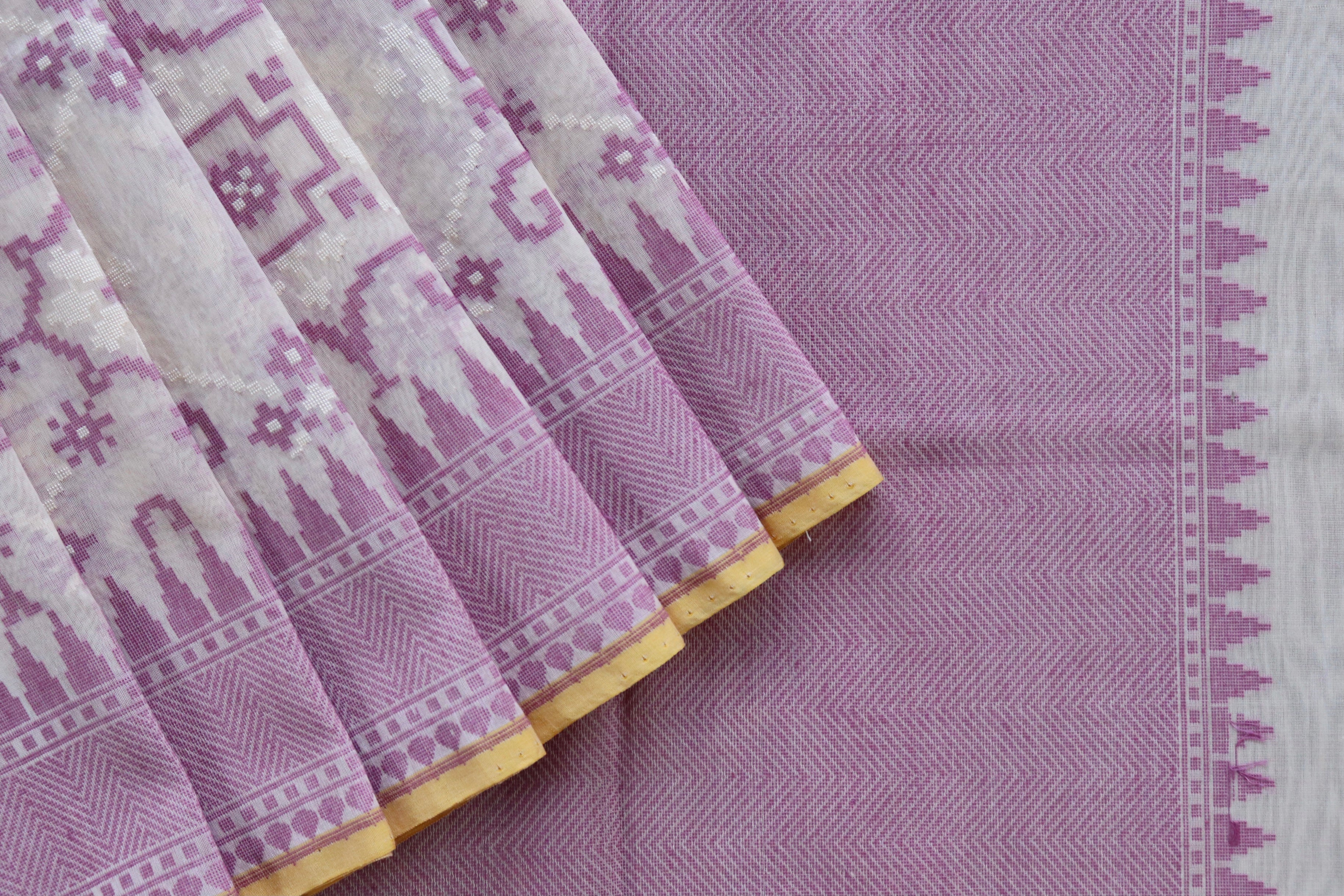 Ivory & Purple Cutwork Cotton Handloom Saree