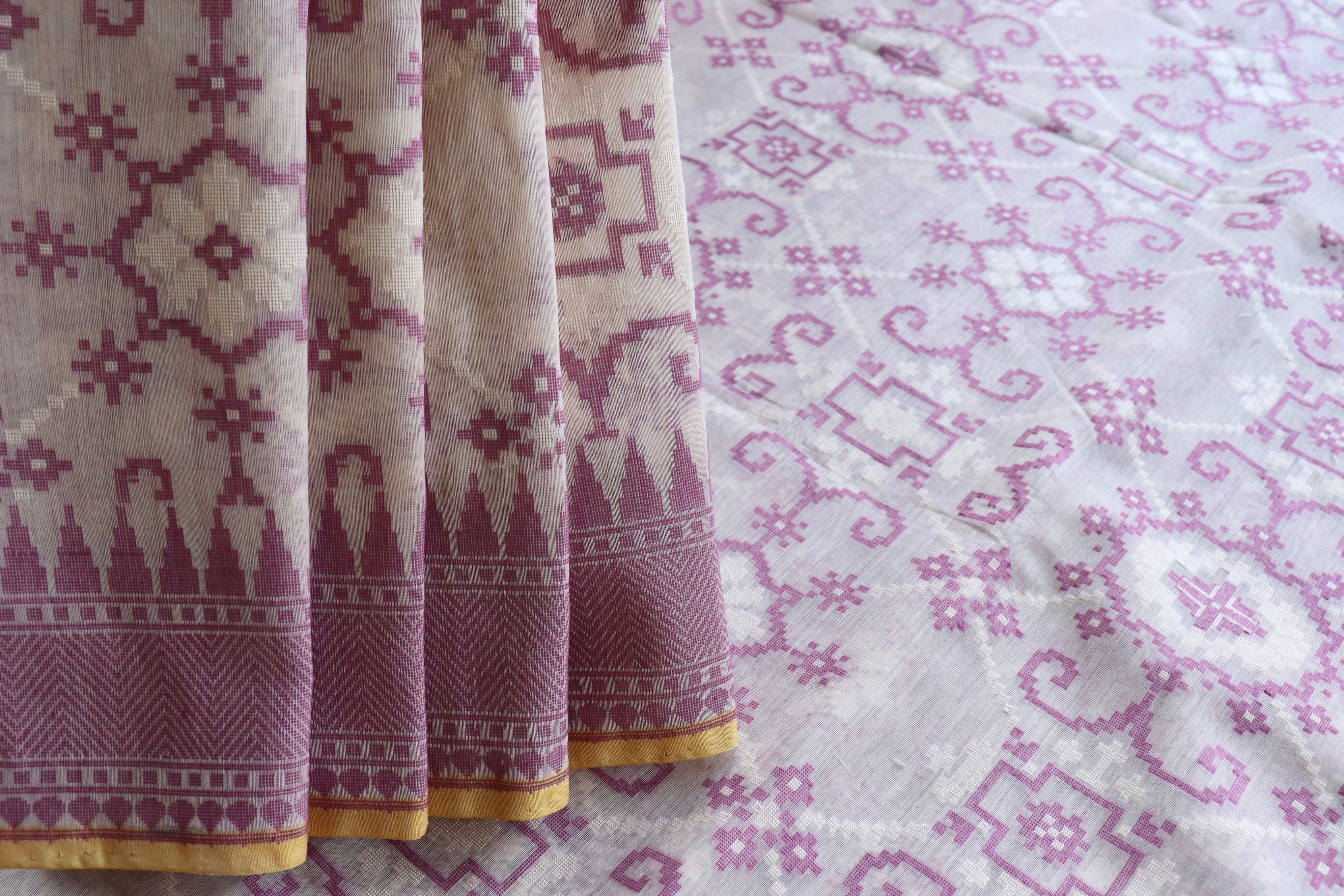 Ivory & Purple Cutwork Cotton Handloom Saree