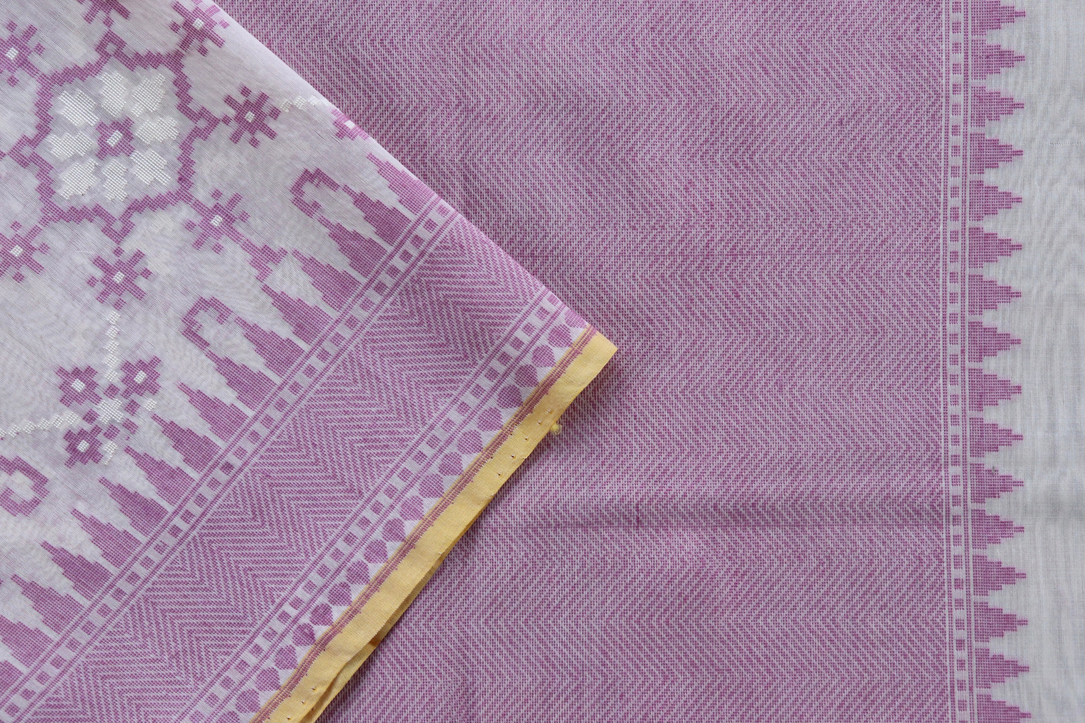 Ivory & Purple Cutwork Cotton Handloom Saree