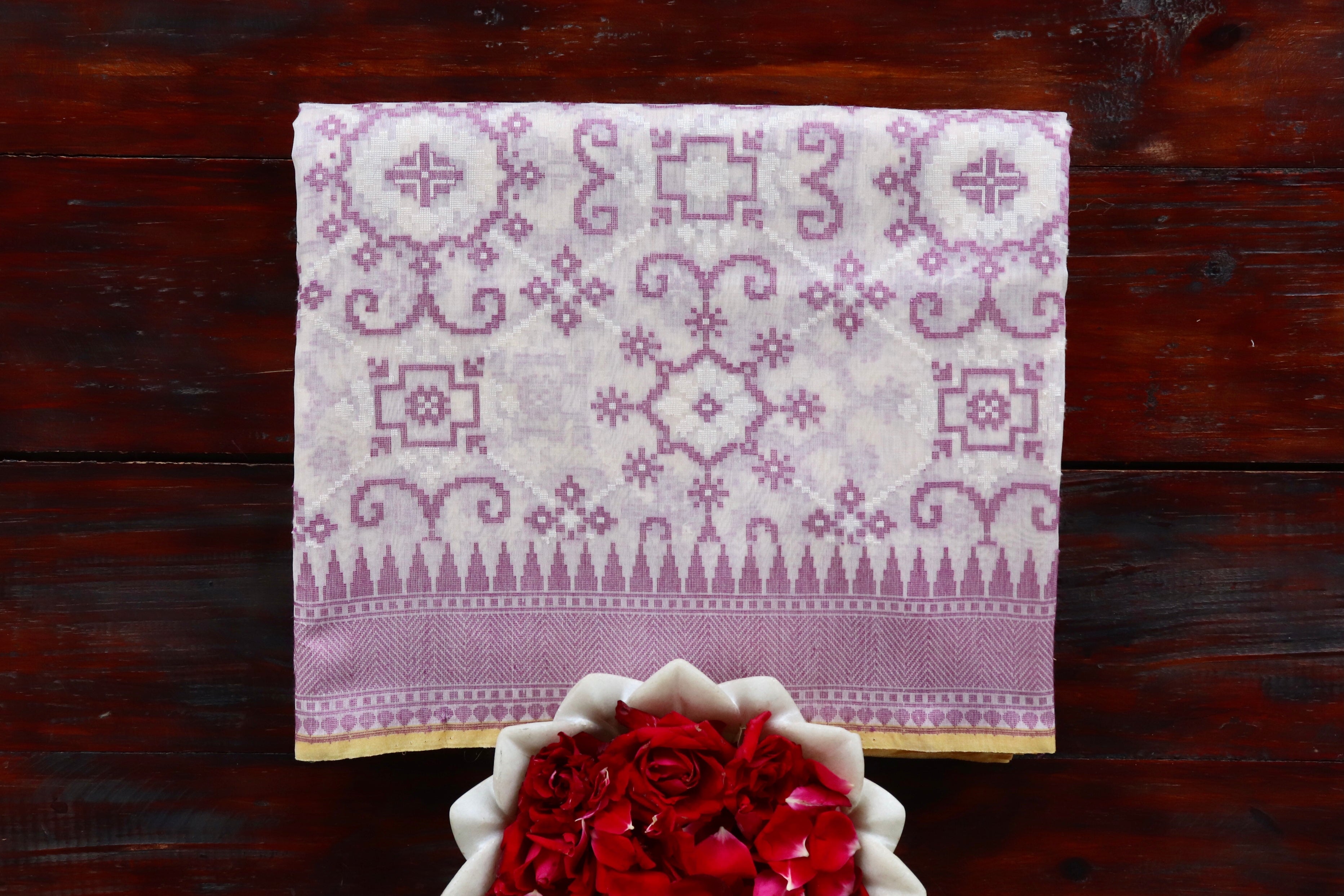 Ivory & Purple Cutwork Cotton Handloom Saree