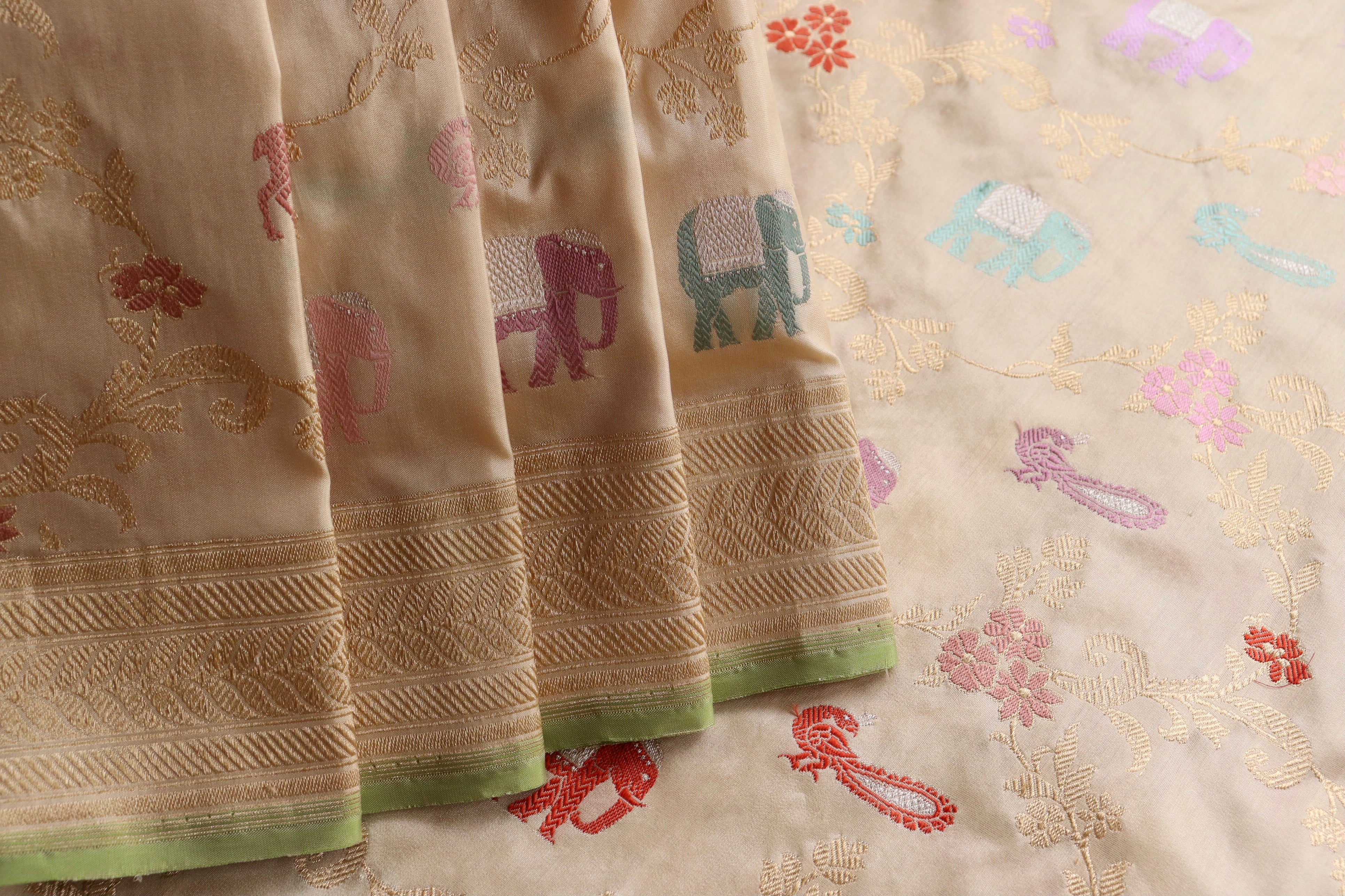Ivory Kadhua Shikargah Pure Silk Handloom Banarasi Saree