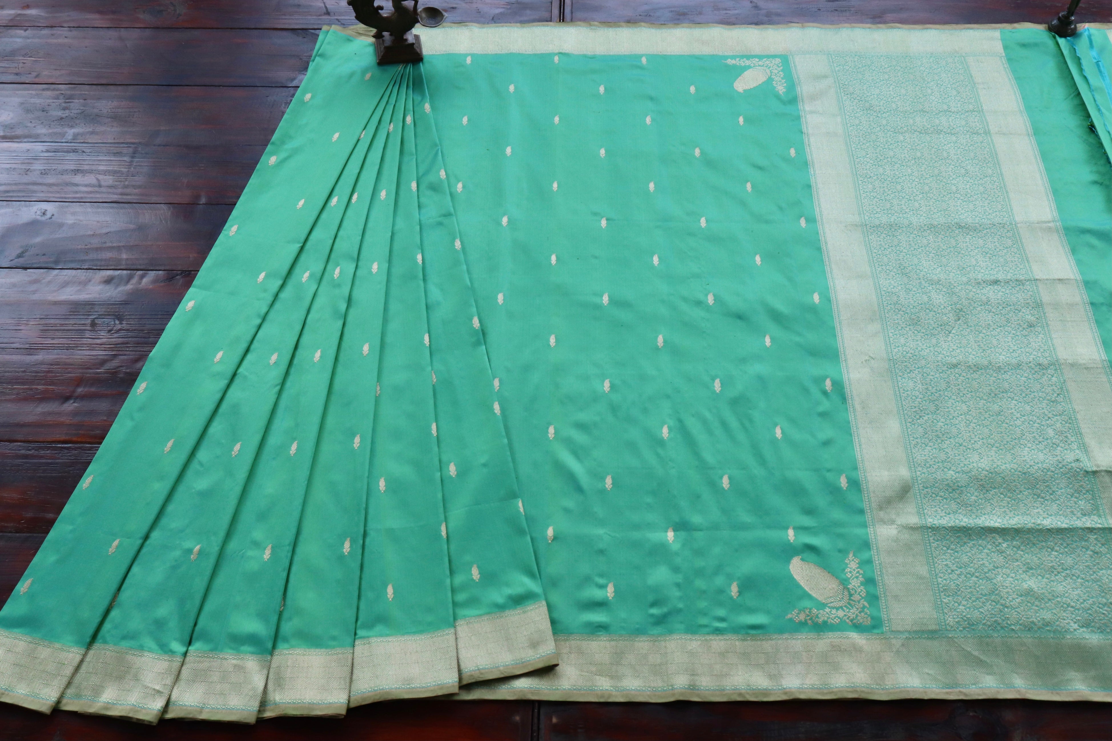 Sea Green Kairy Kuniya Pure Silk Handloom Banarasi Saree