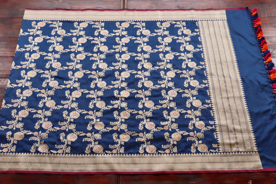 Deep Blue Jangla Pure Silk Handloom Banarasi Dupatta
