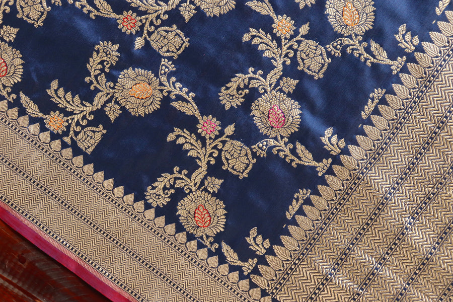 Deep Blue Jangla Pure Silk Handloom Banarasi Dupatta
