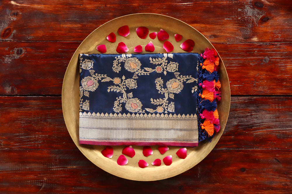 Deep Blue pure Katan silk Banarasi dupatta with scrolling vines and florals in continuous Jangla layout.