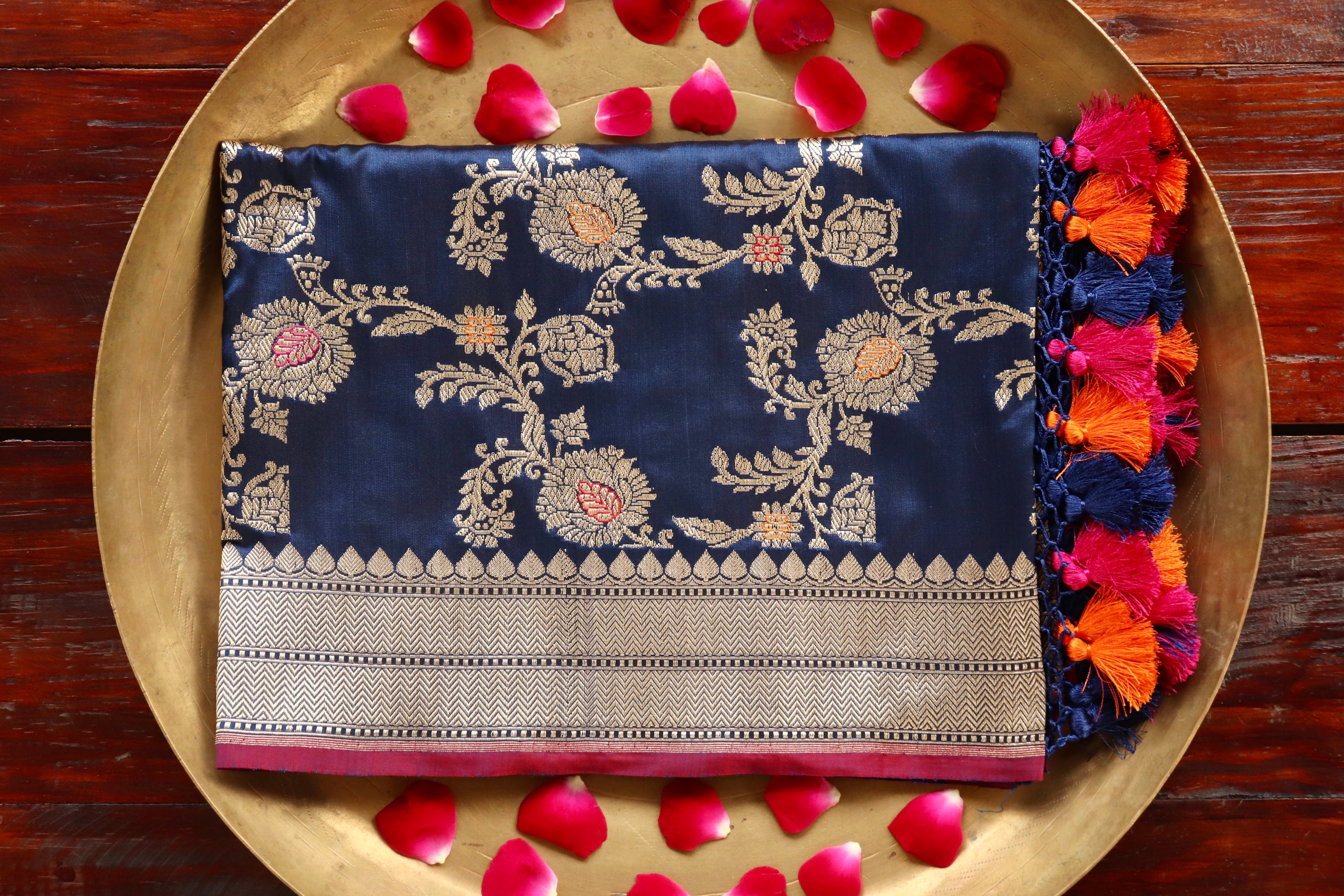 Deep Blue Jangla Pure Silk Handloom Banarasi Dupatta