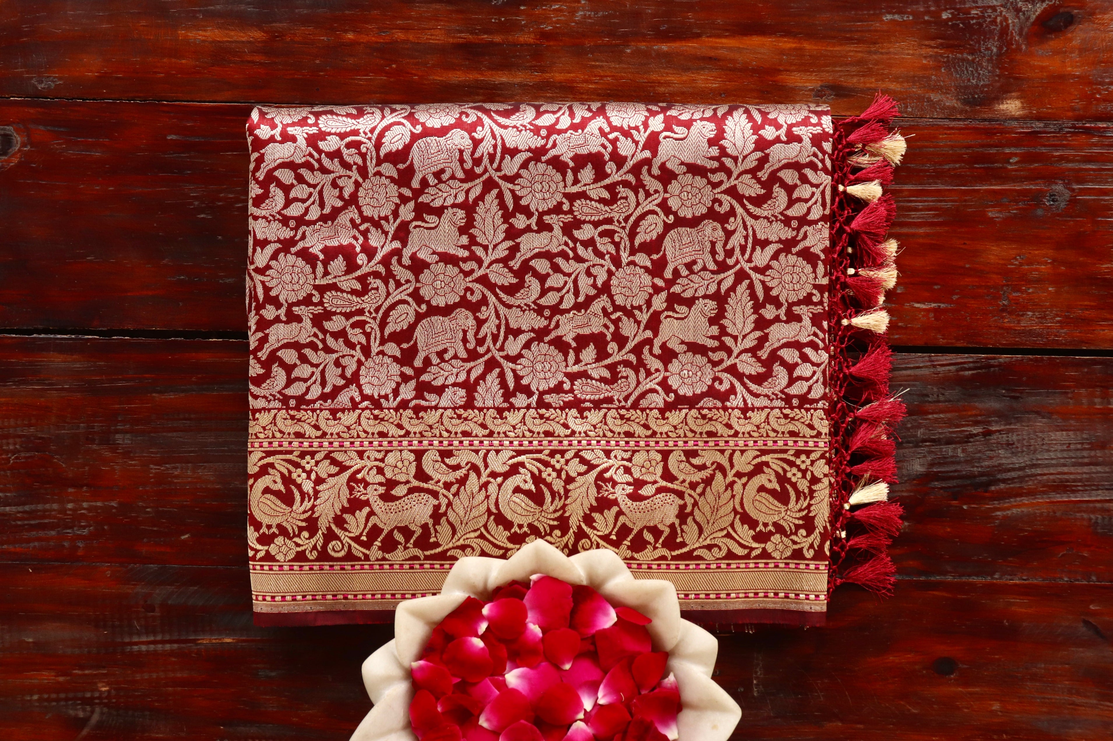 Maroon Shikargah Pure Silk Handloom Banarasi Saree