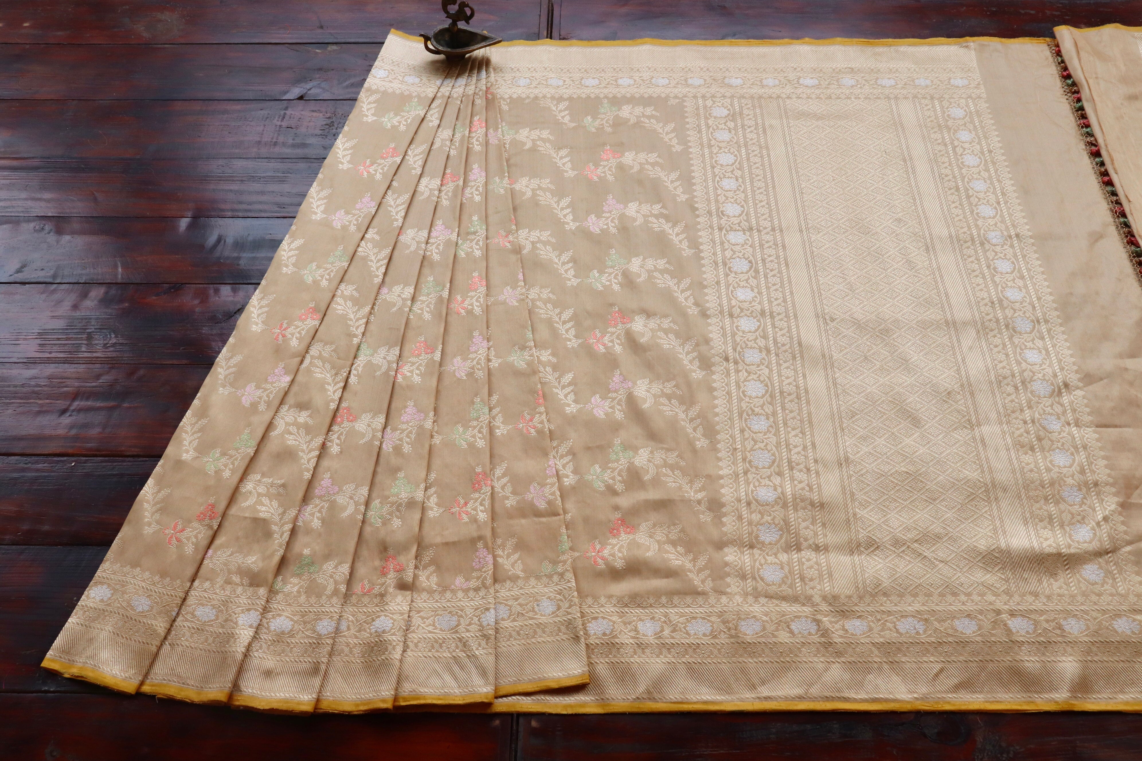 Beige Tissue Kadhua Phool Jangla Katan Silk Saree