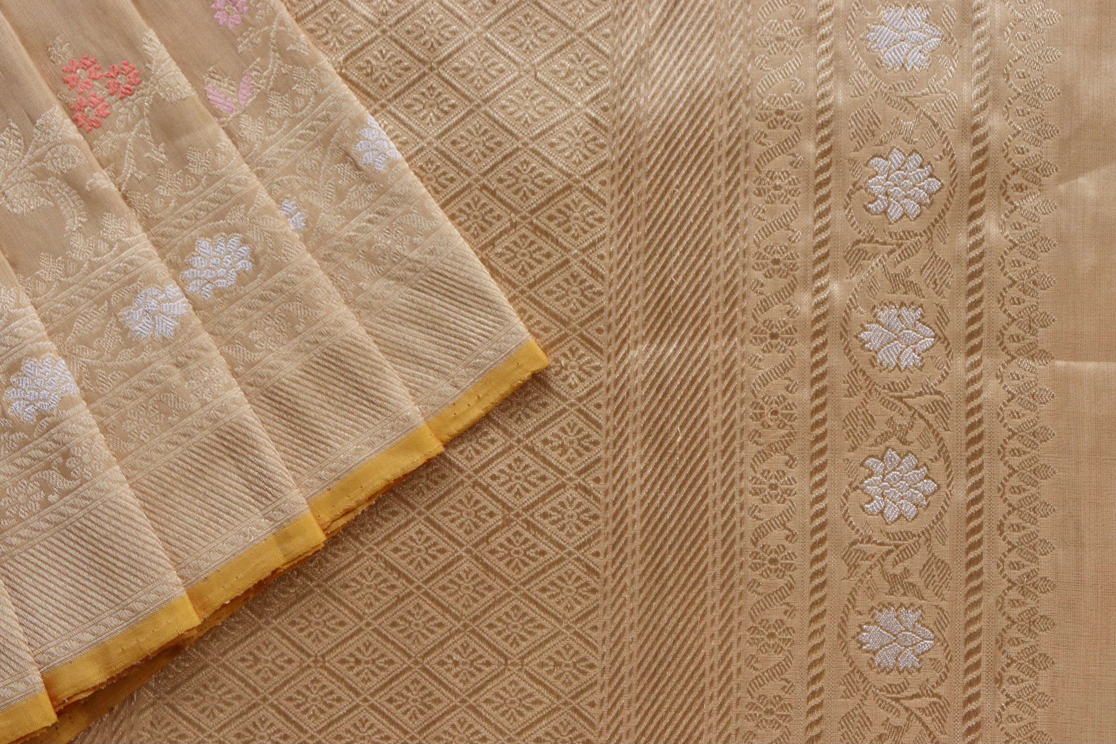 Beige Tissue Kadhua Phool Jangla Katan Silk Saree