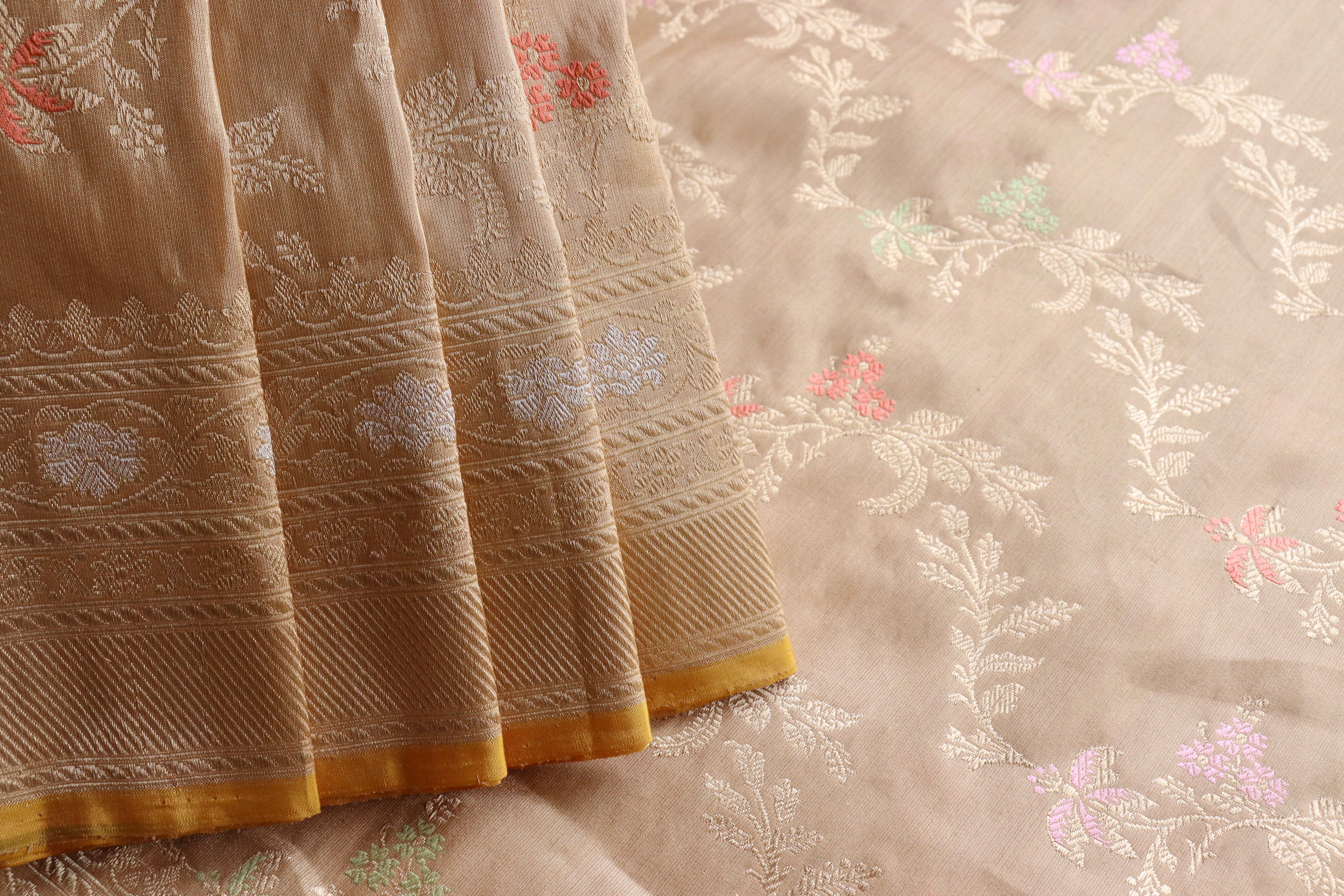 Beige Tissue Kadhua Phool Jangla Katan Silk Saree