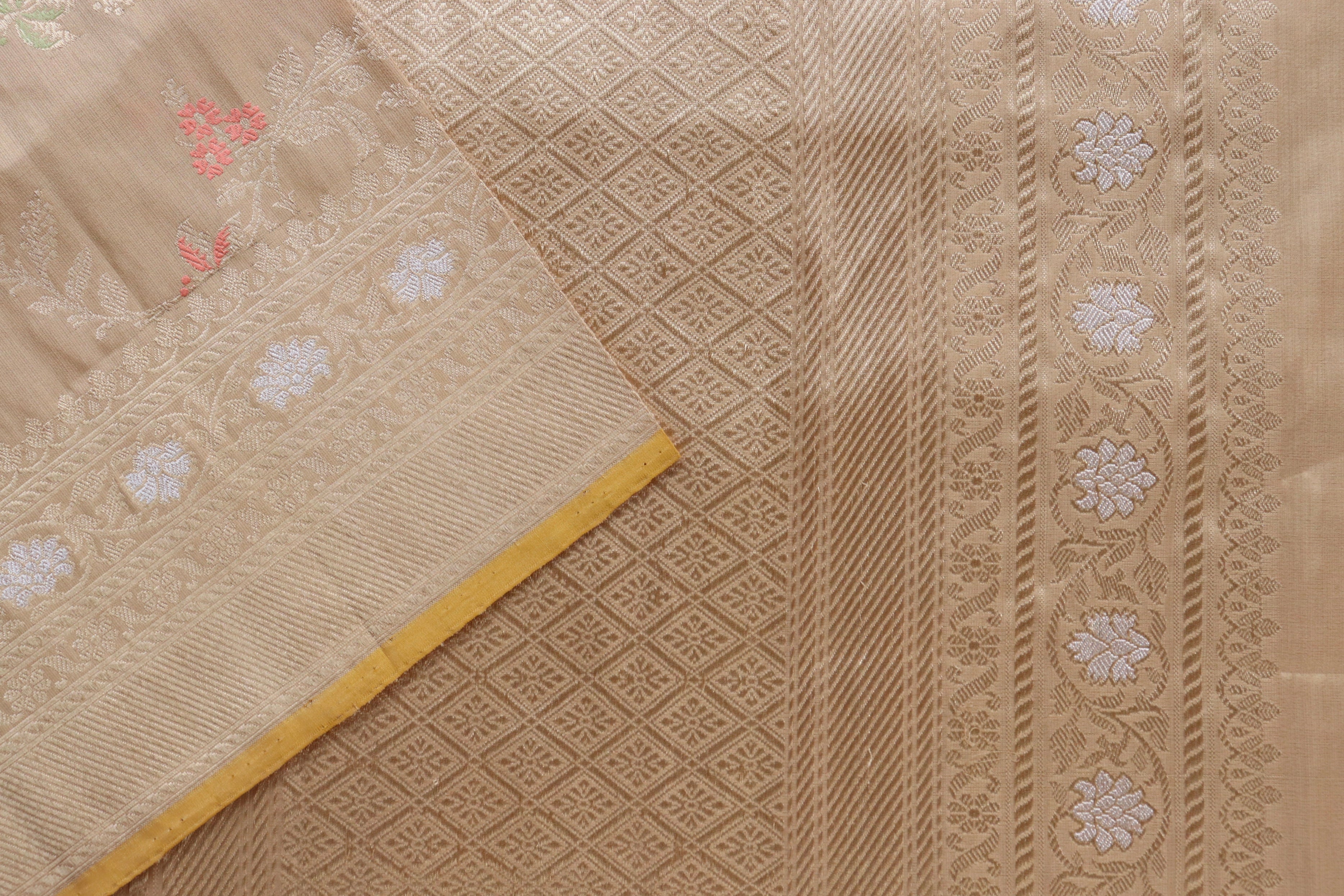 Beige Tissue Kadhua Phool Jangla Katan Silk Saree