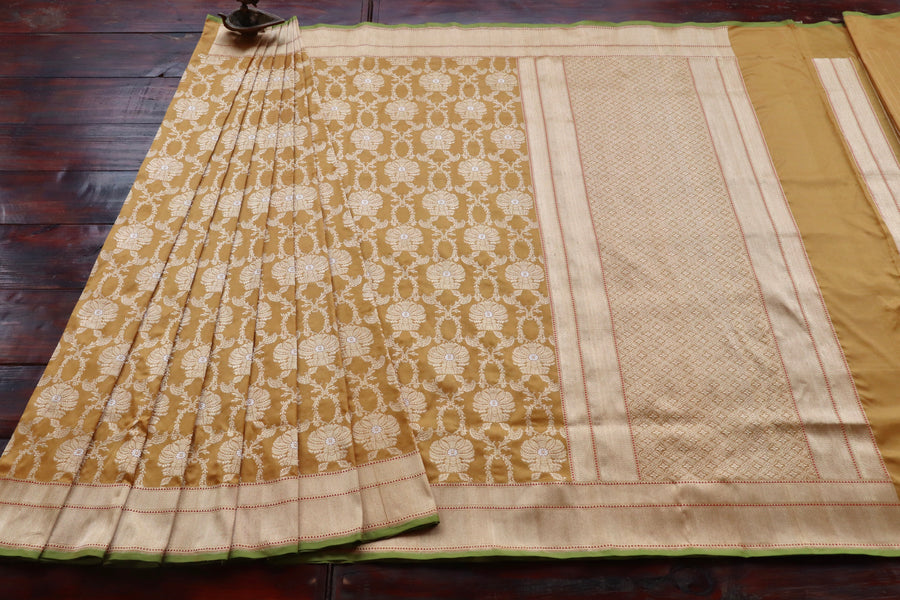 Saffron Yellow Chinar Jangla Pure Silk Handloom Banarasi Saree