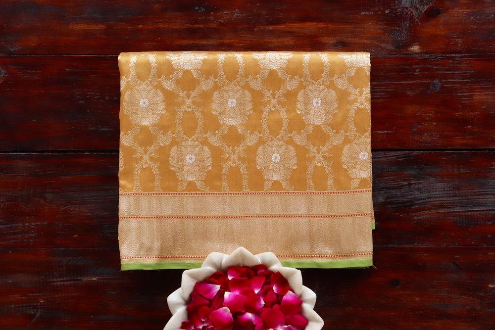 Saffron Yellow Chinar Jangla Pure Silk Banarasi Saree | Stuti Weaves