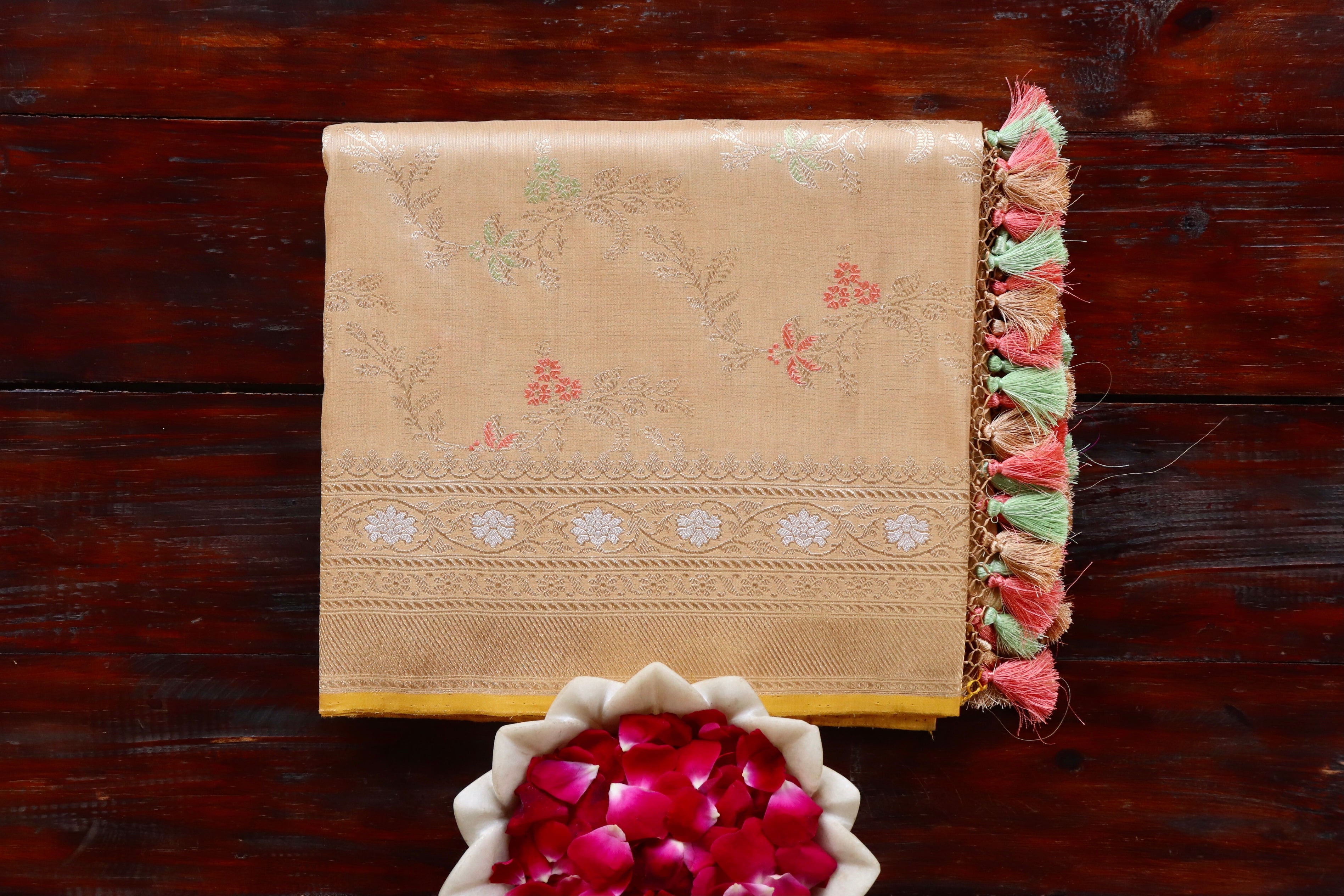 Beige Tissue Kadhua Phool Jangla Katan Silk Saree