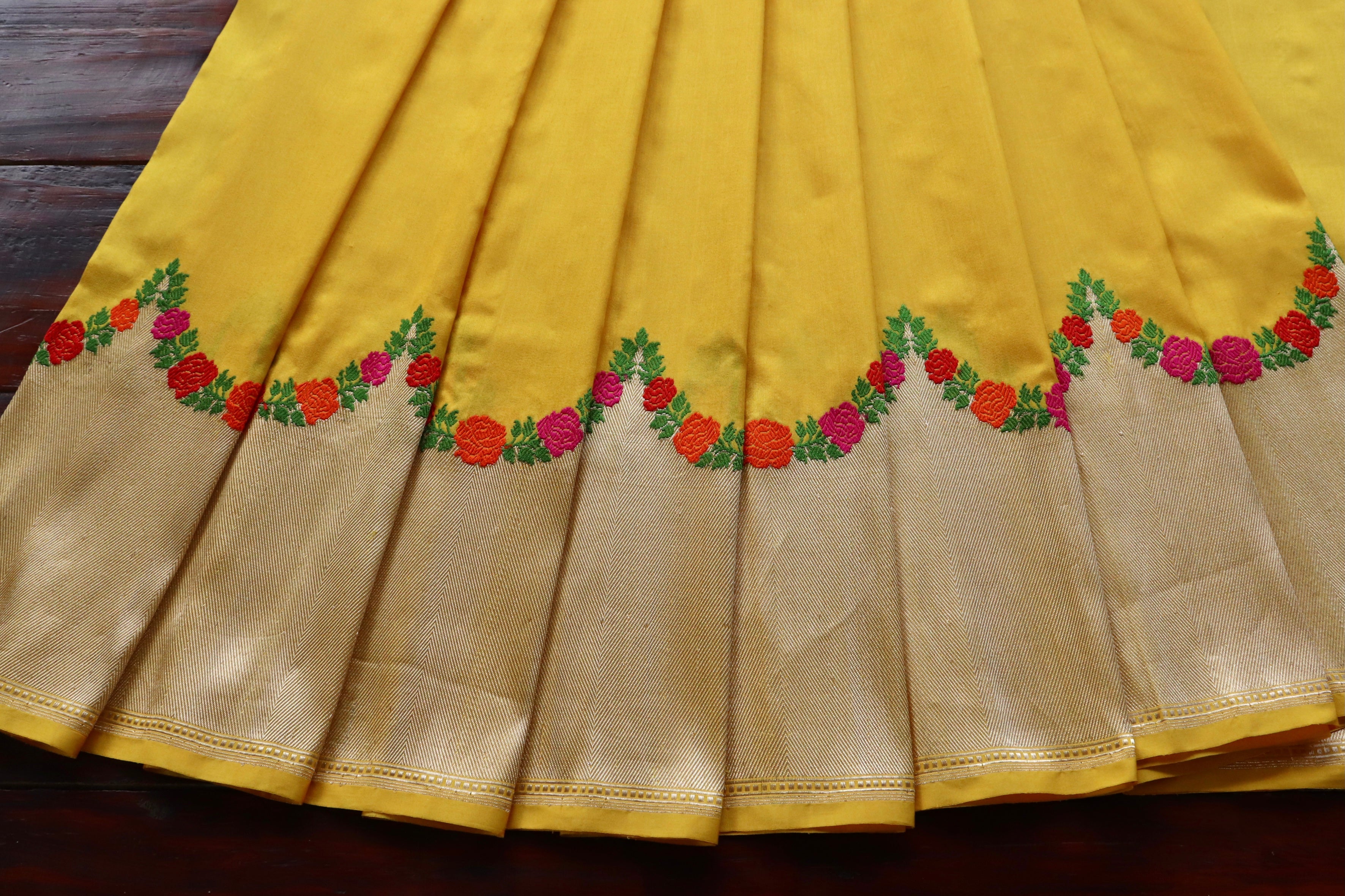 Mango Yellow Floral Border Pure Silk Handloom Banarasi Saree