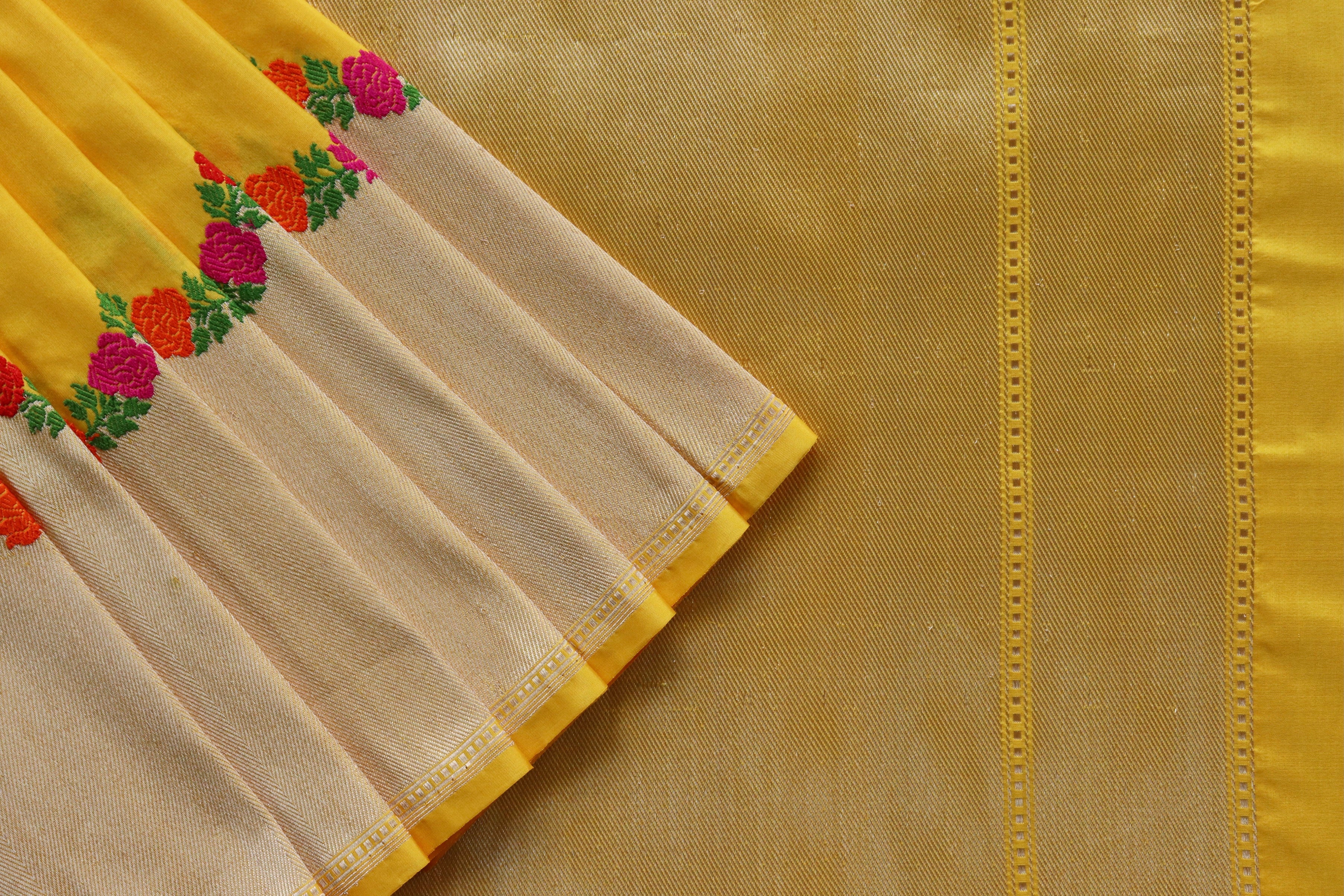 Mango Yellow Floral Border Pure Silk Handloom Banarasi Saree