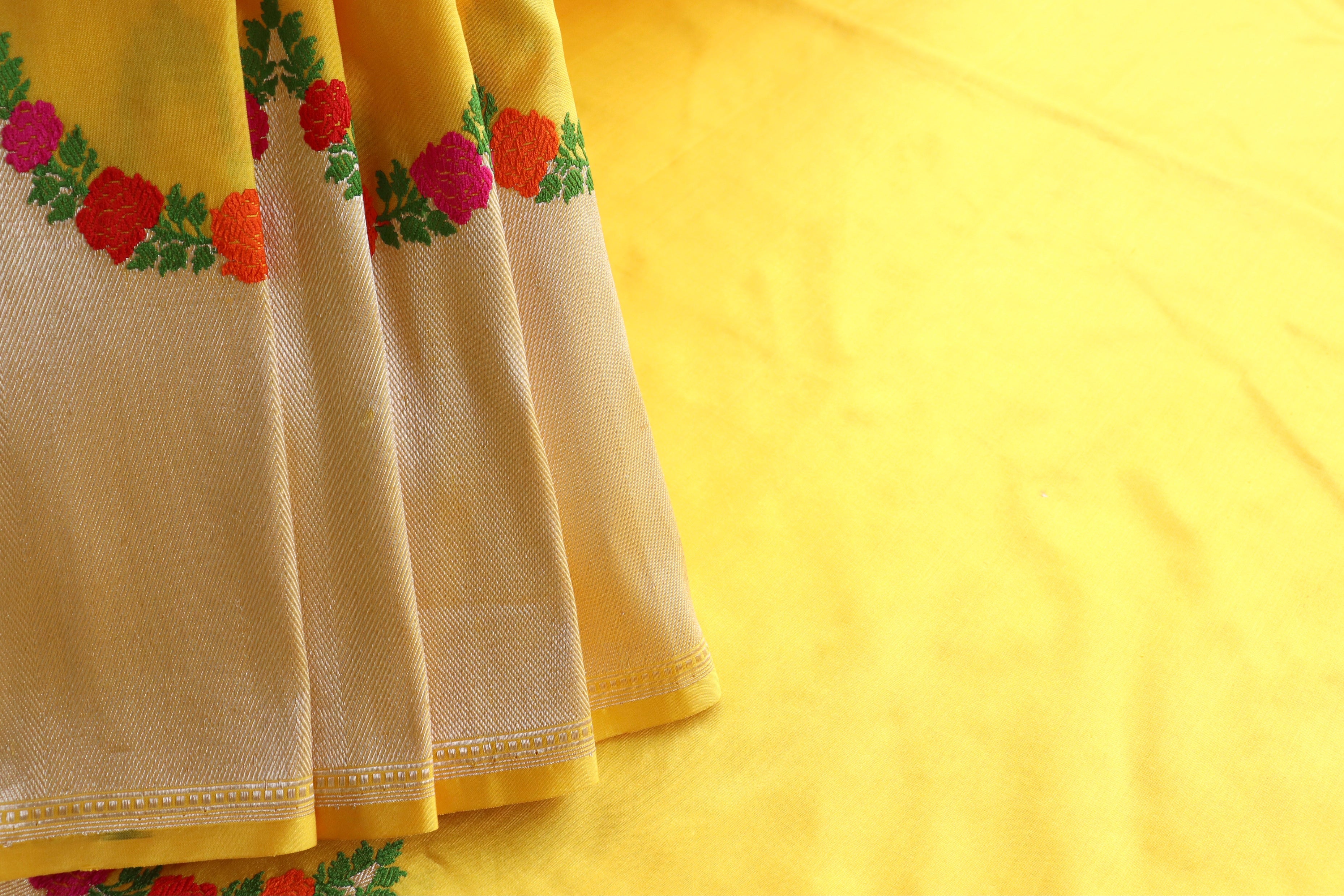 Mango Yellow Floral Border Pure Silk Handloom Banarasi Saree