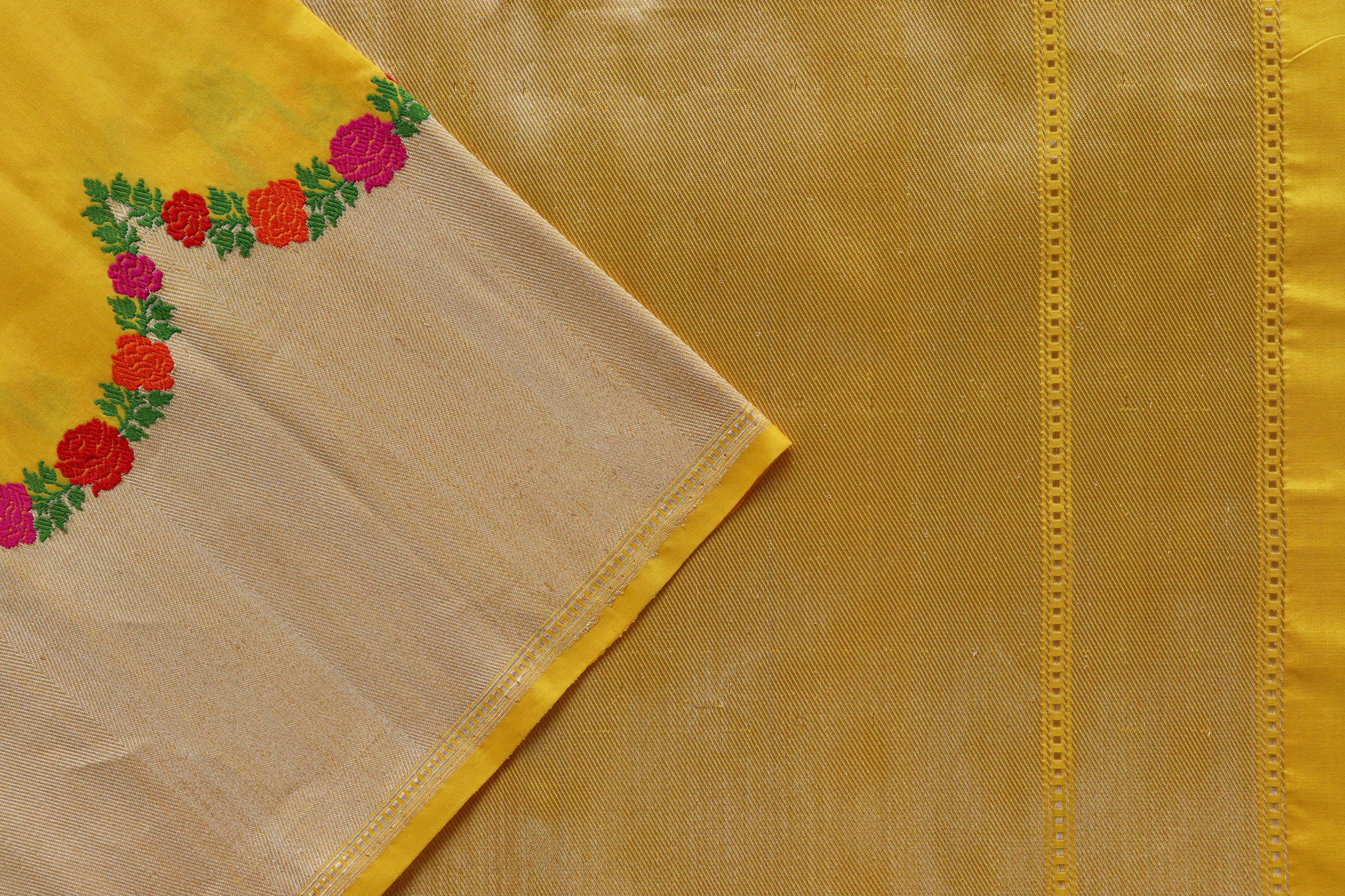 Mango Yellow Floral Border Pure Silk Handloom Banarasi Saree