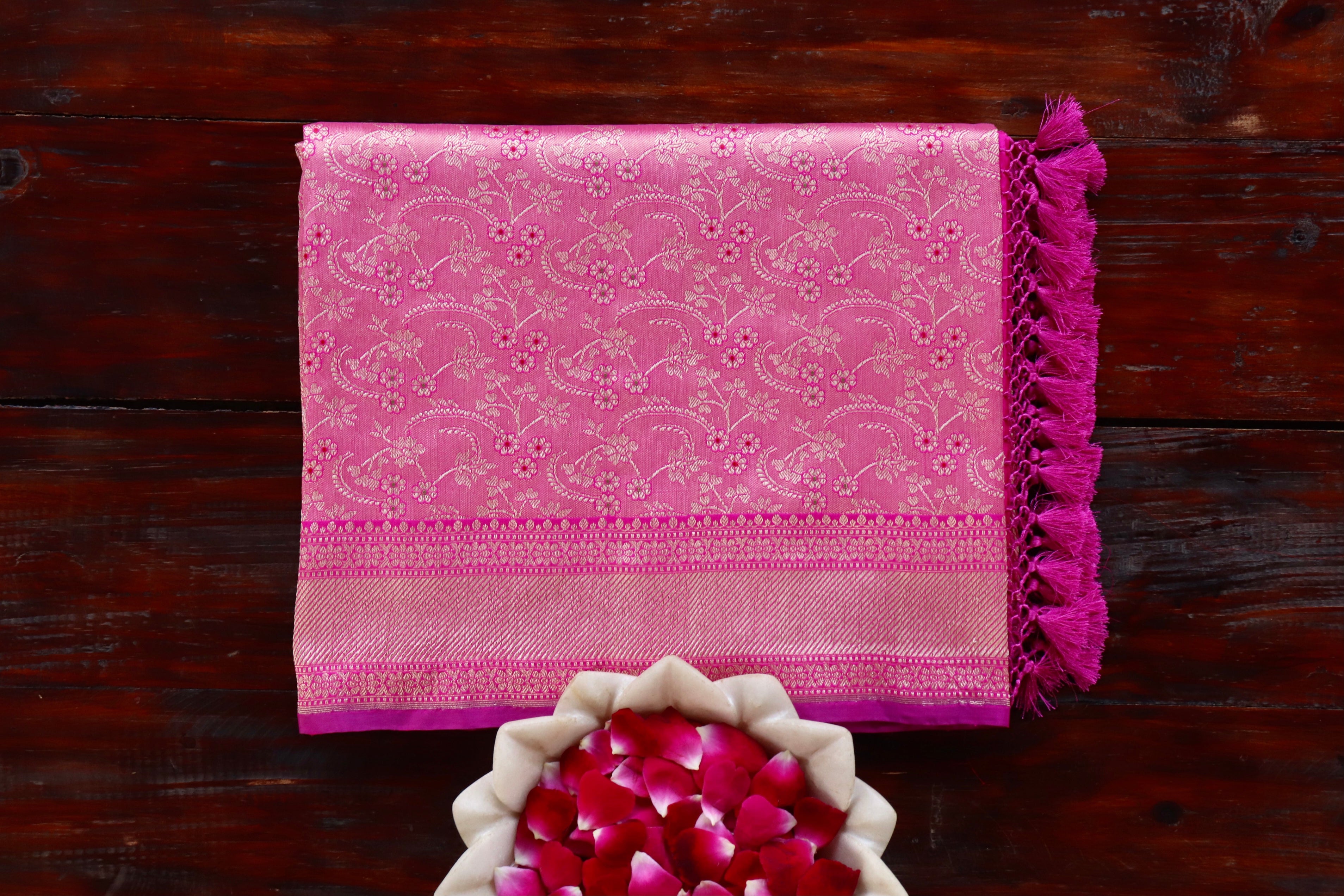 Pink Tanchoi Pure Silk Handloom Banarasi Saree