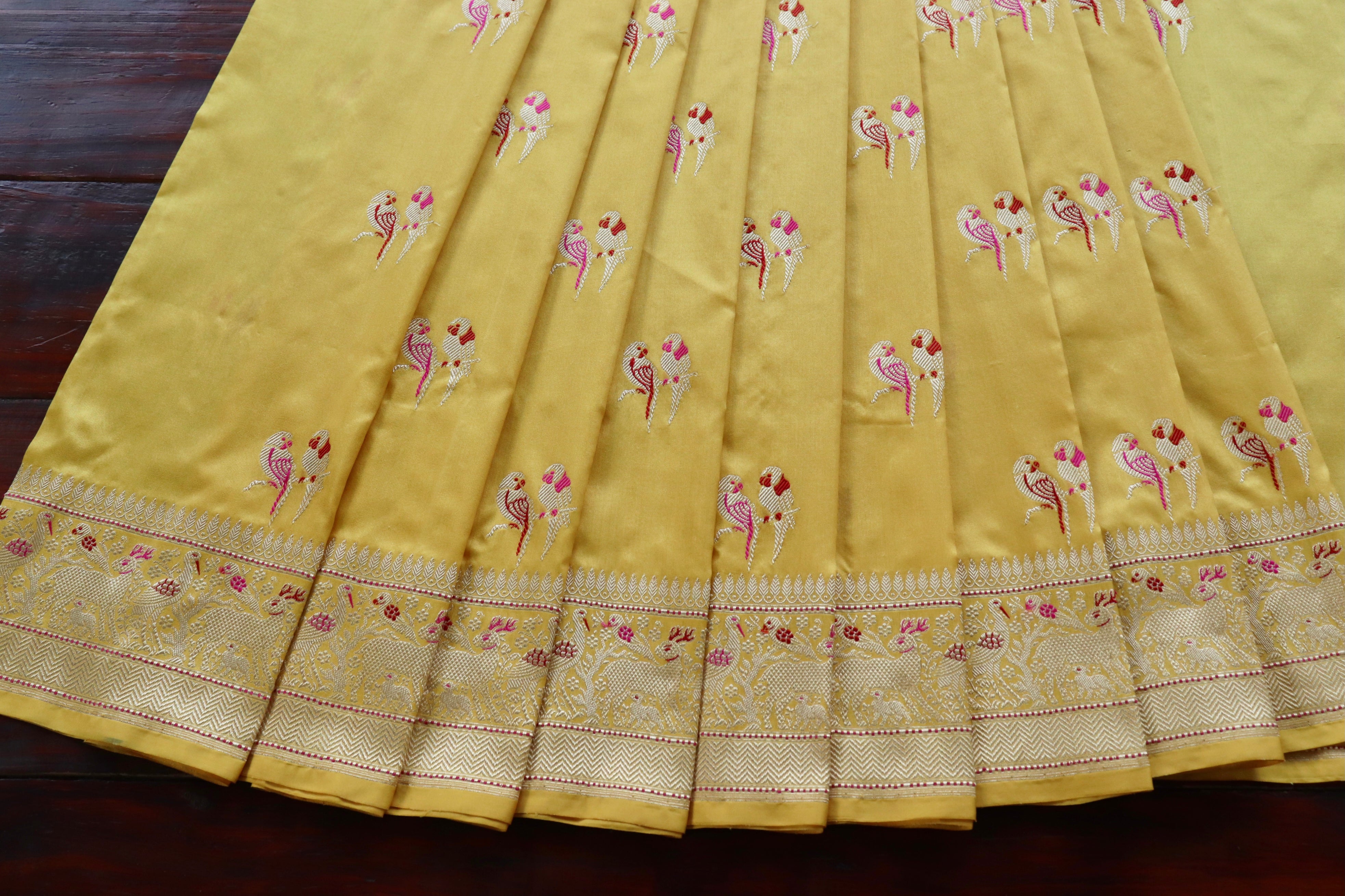 Yellow Bird Motif Pure Silk Handloom Banarasi Saree