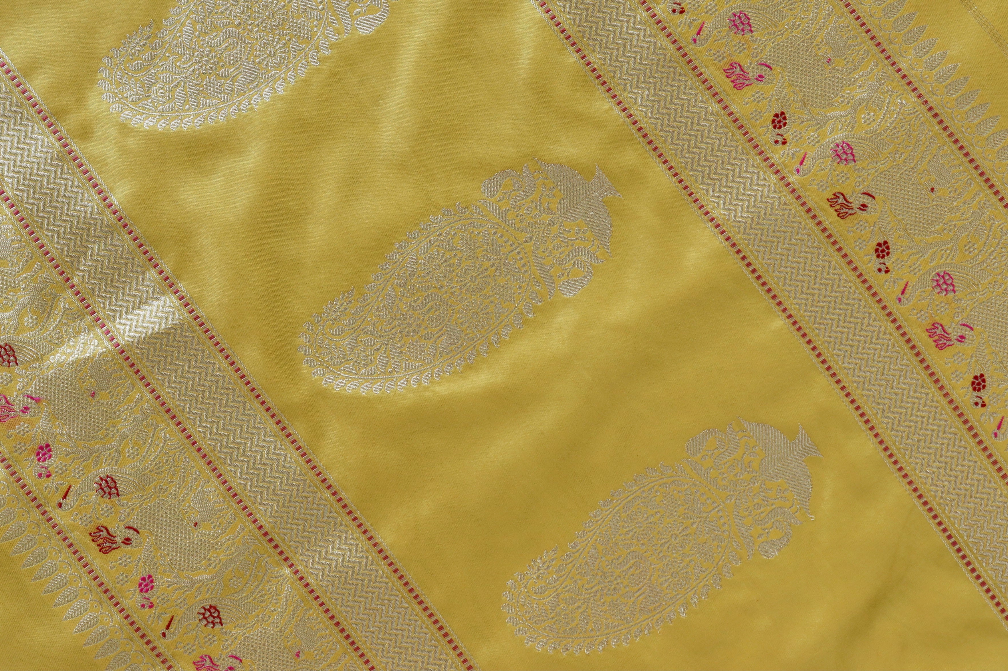 Yellow Bird Motif Pure Silk Handloom Banarasi Saree