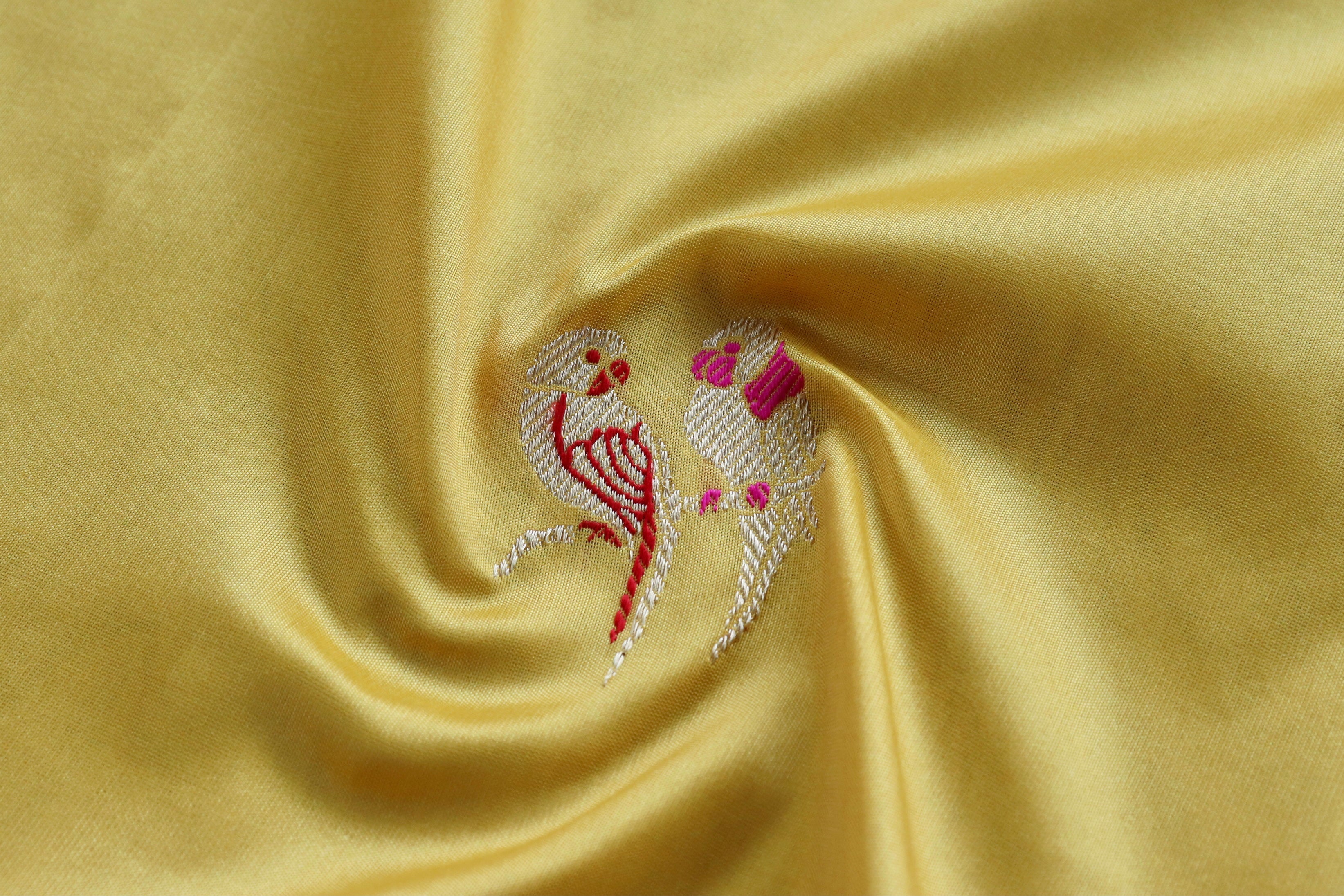 Yellow Bird Motif Pure Silk Handloom Banarasi Saree