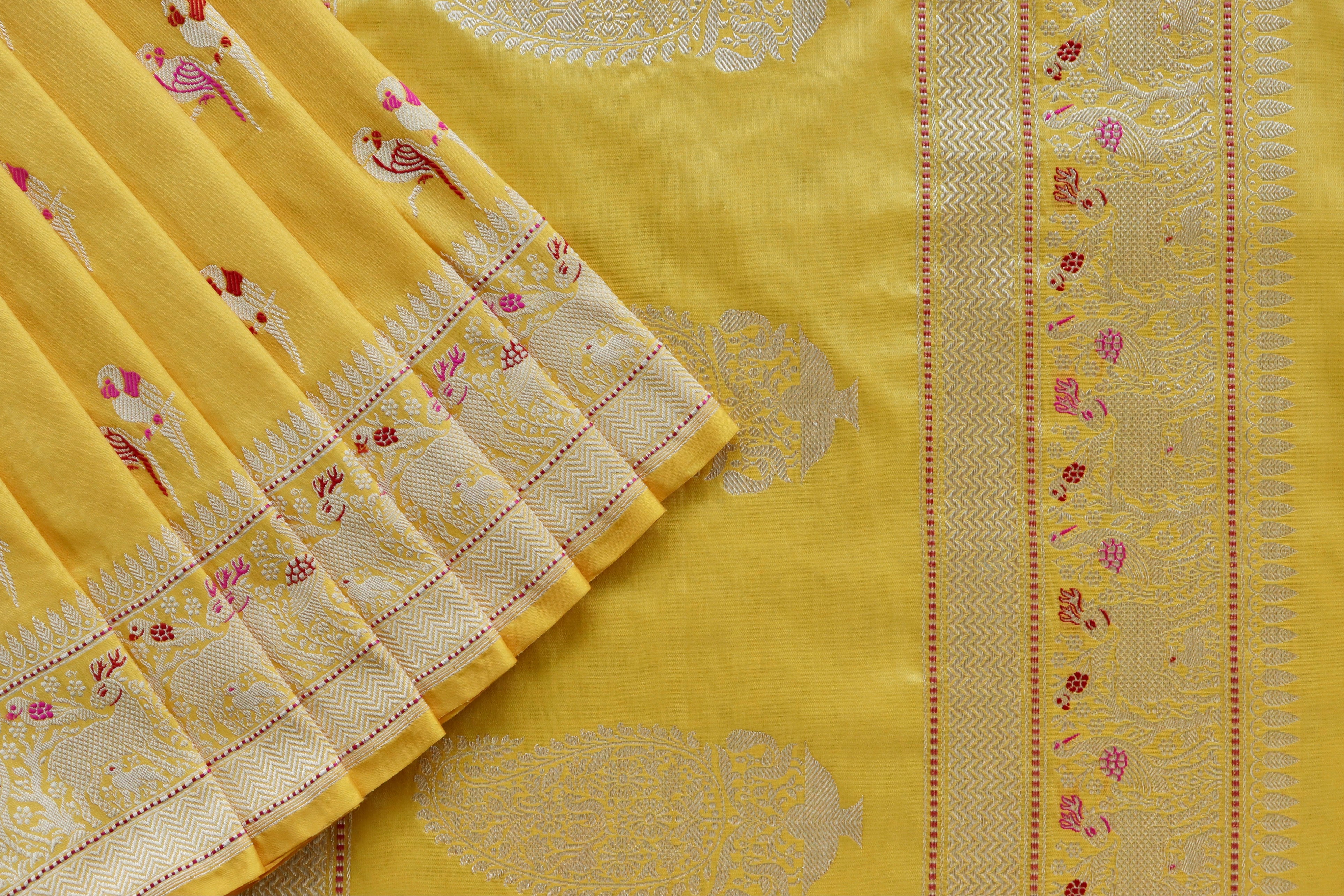 Yellow Bird Motif Pure Silk Handloom Banarasi Saree