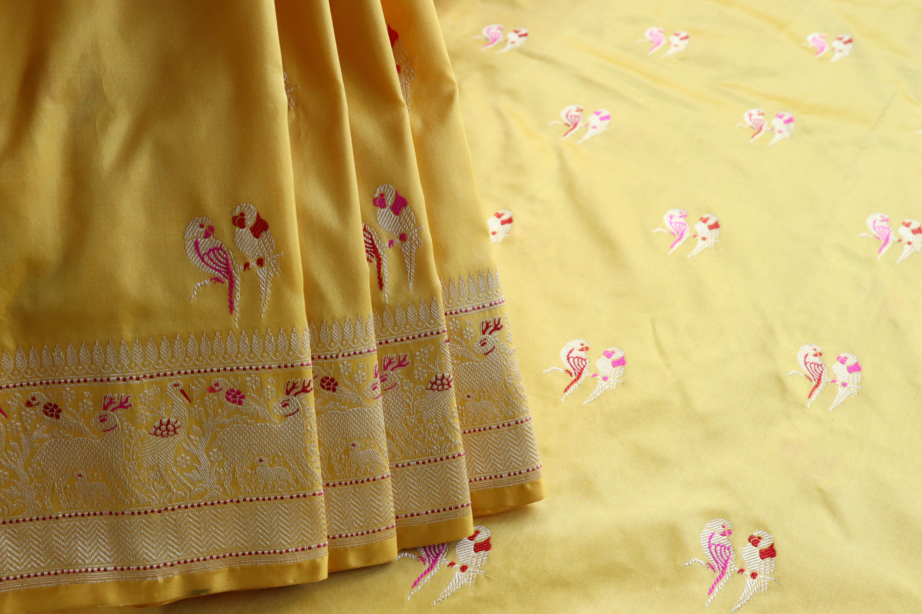 Yellow Bird Motif Pure Silk Handloom Banarasi Saree