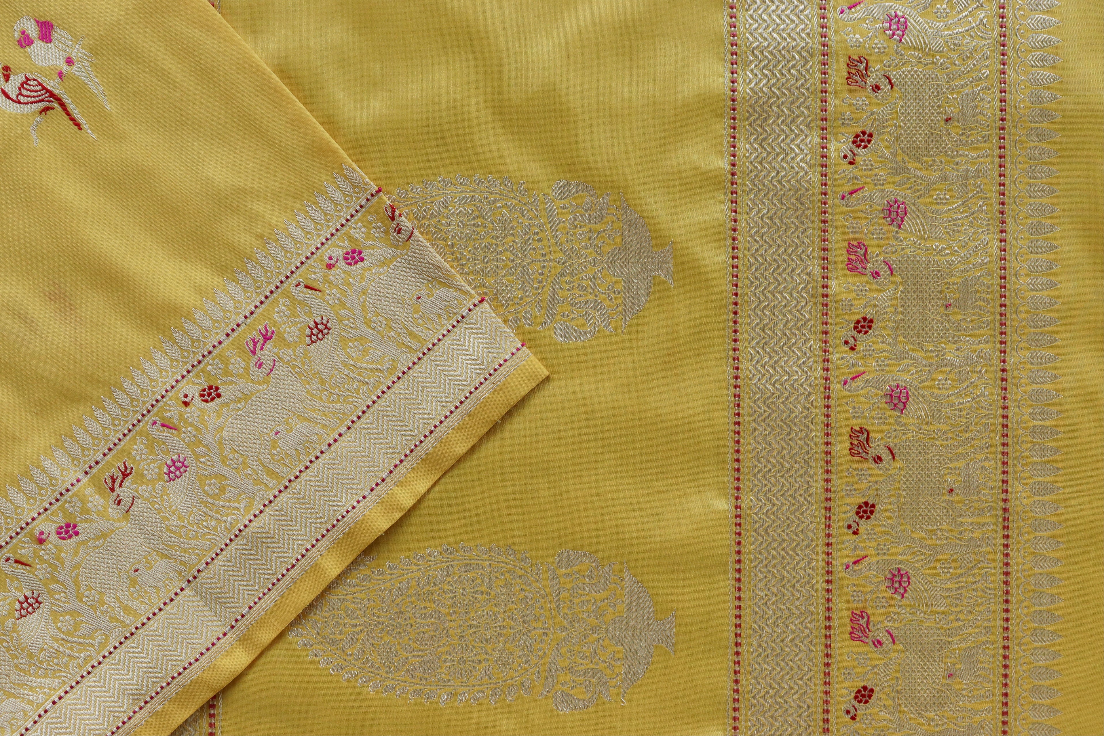 Yellow Bird Motif Pure Silk Handloom Banarasi Saree