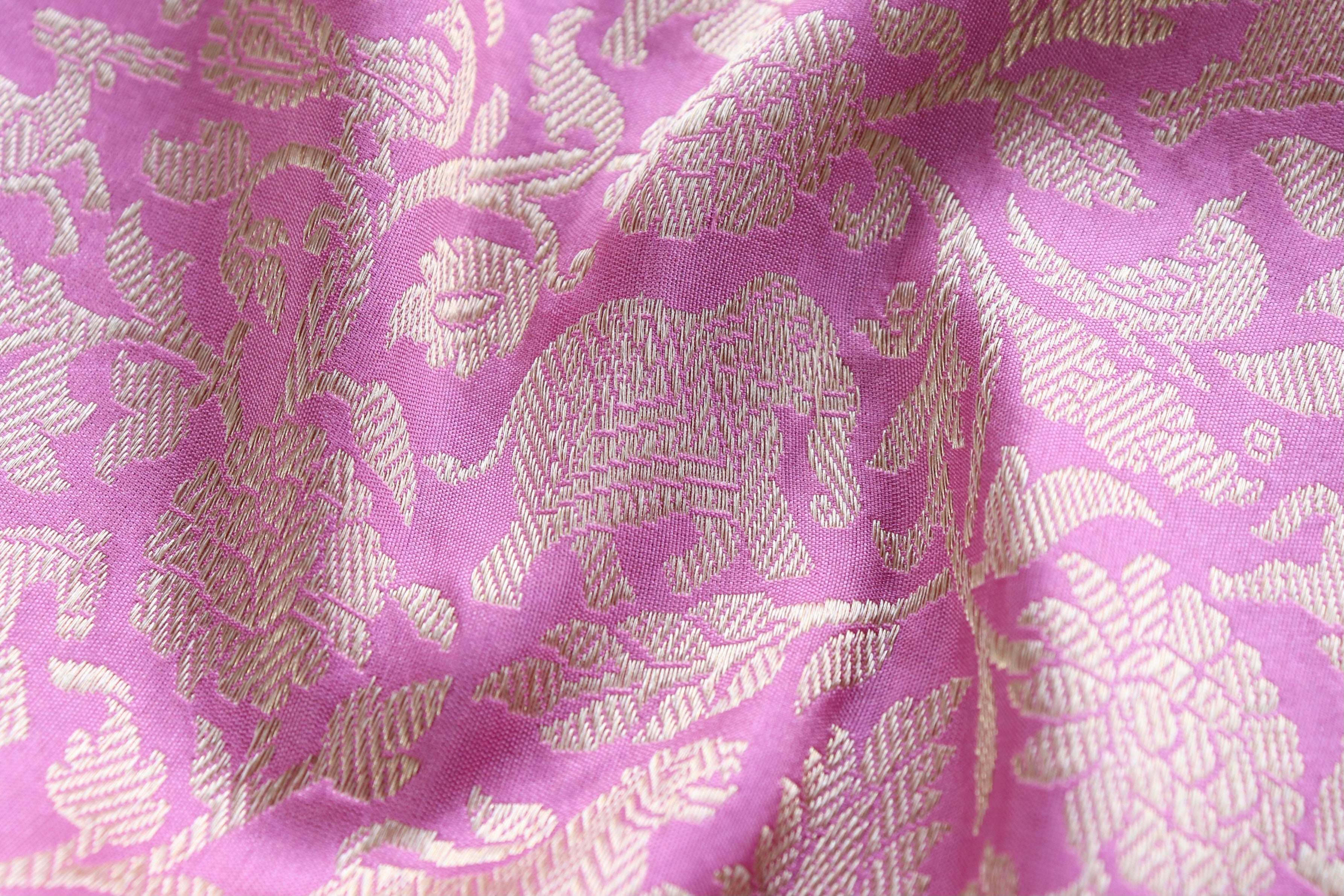 Baby Pink Tanchoi Shikargah Pure Silk Handloom Banarasi Saree