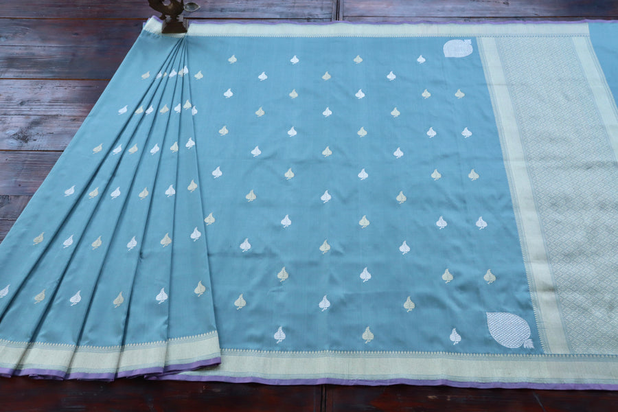 Full drape of Vivid Sky Blue Kadhua pure silk Banarasi saree