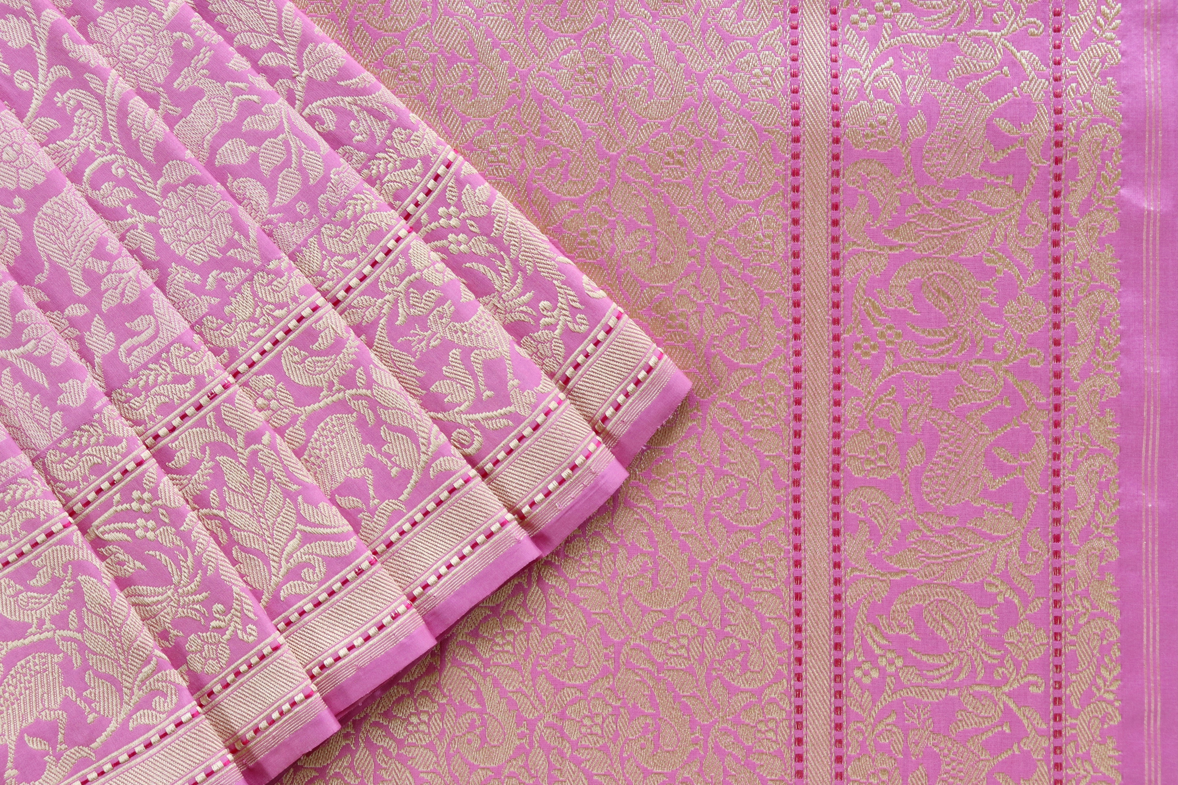 Baby Pink Tanchoi Shikargah Pure Silk Handloom Banarasi Saree