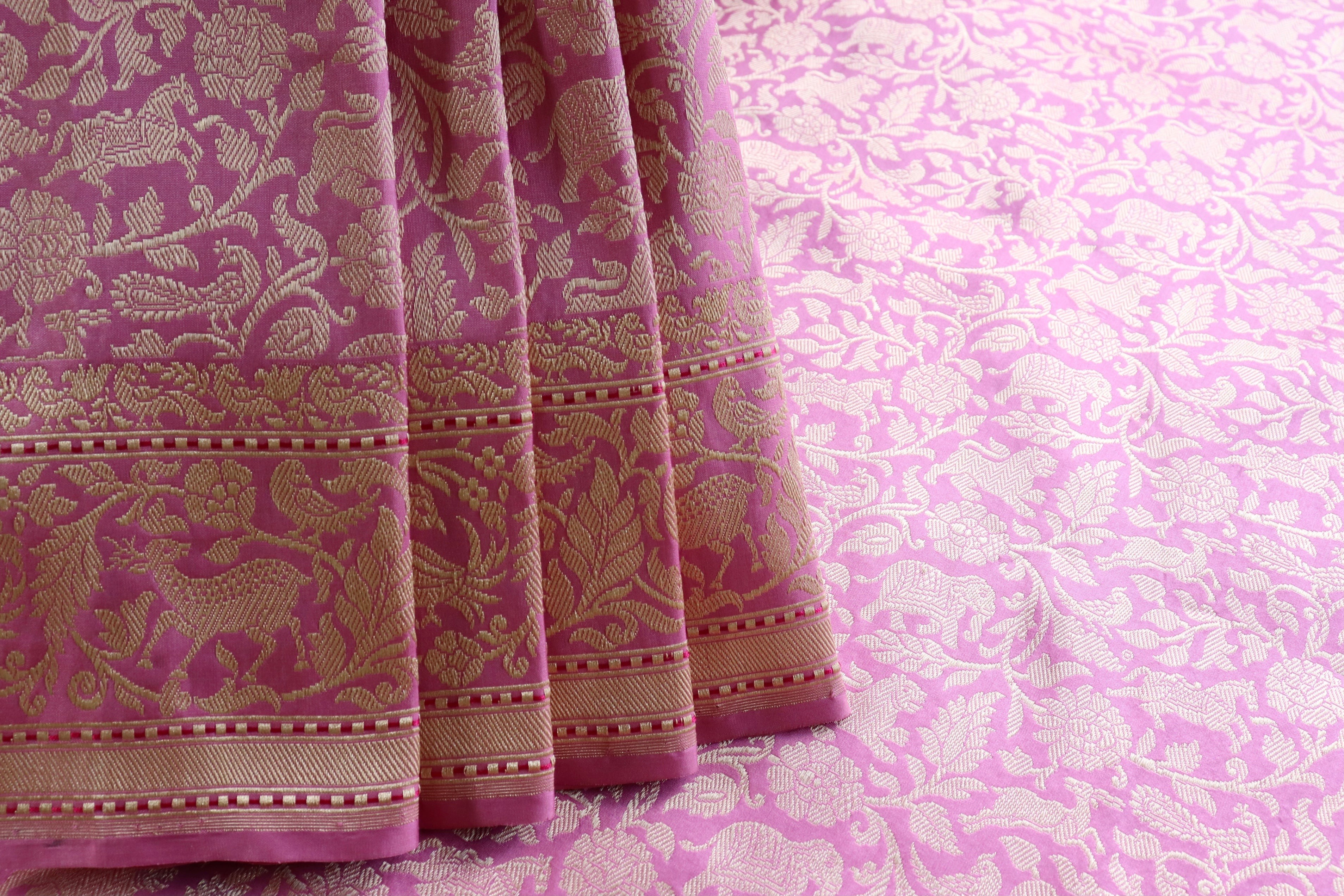 Baby Pink Tanchoi Shikargah Pure Silk Handloom Banarasi Saree