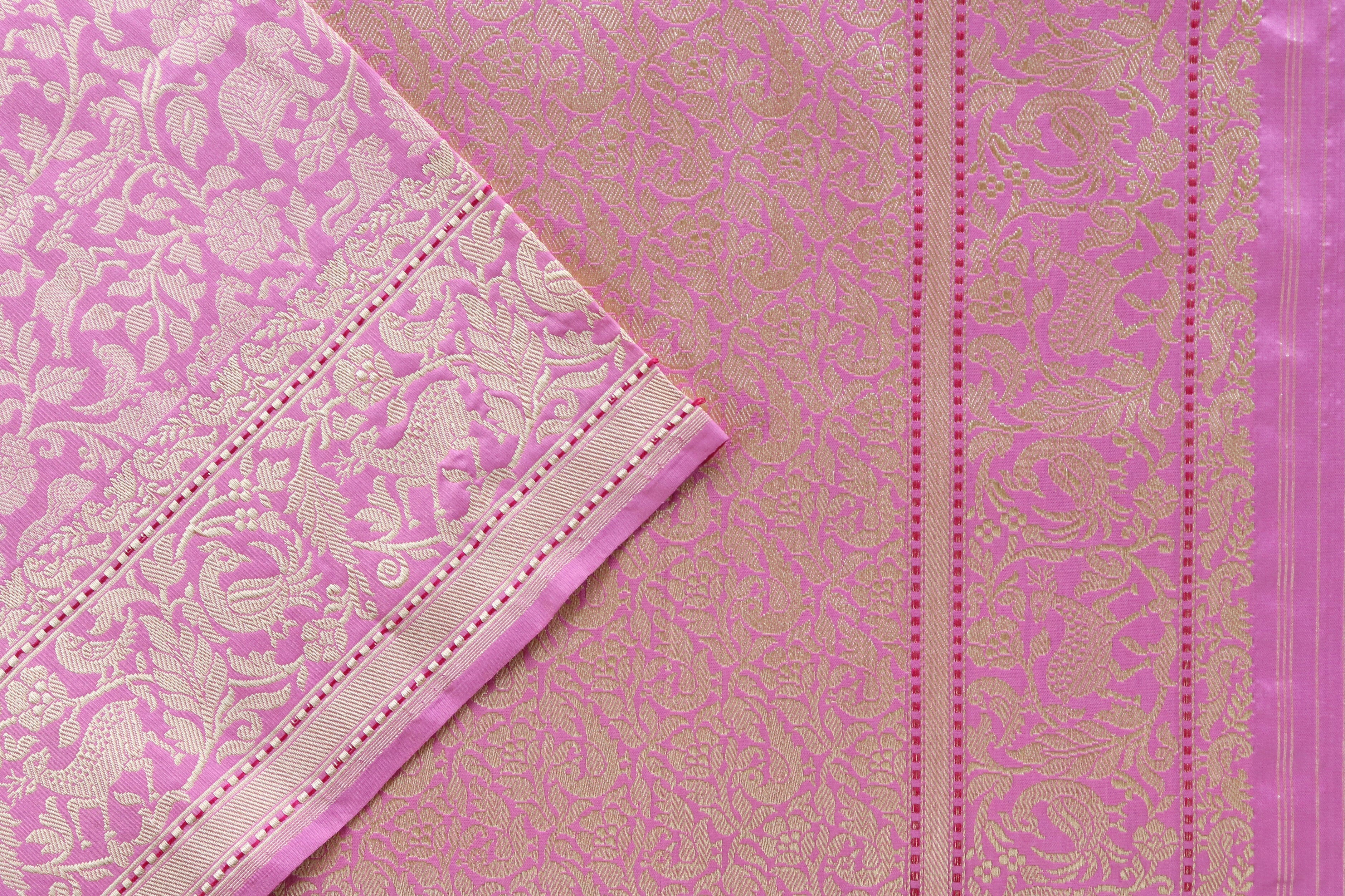 Baby Pink Tanchoi Shikargah Pure Silk Handloom Banarasi Saree