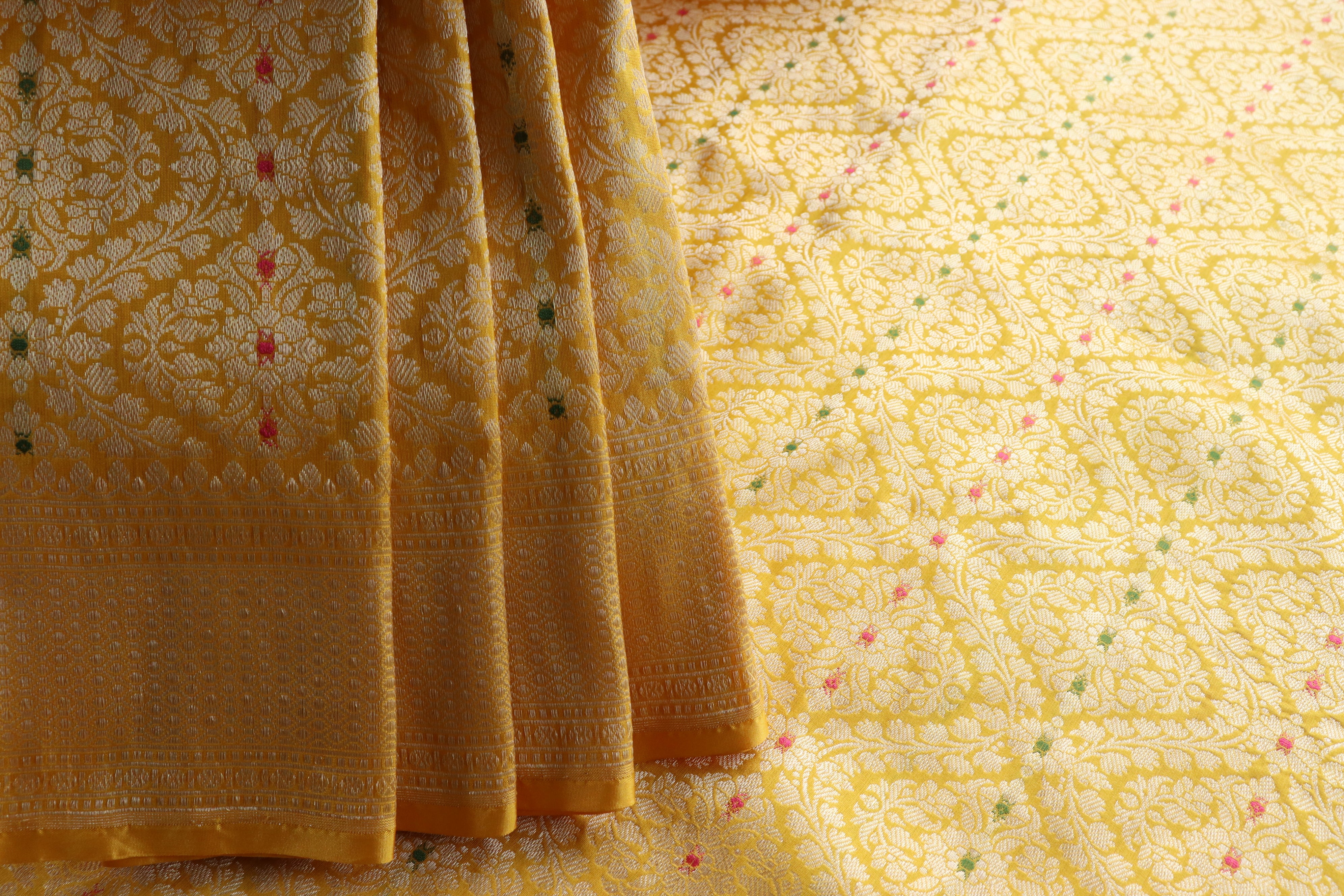 Yellow Meenadar Tanchoi Pure Silk Handloom Banarasi Saree