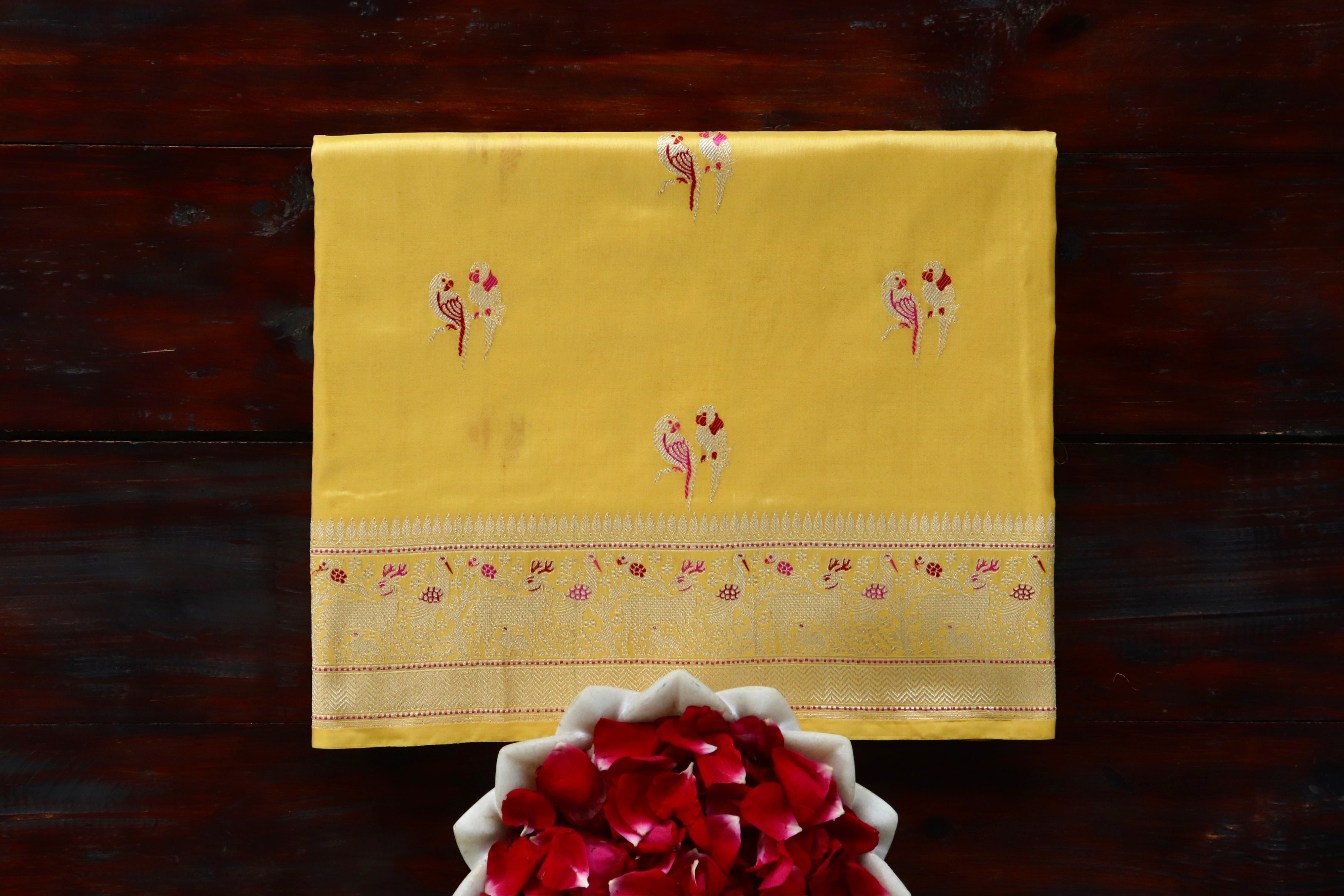 Yellow Bird Motif Pure Silk Handloom Banarasi Saree