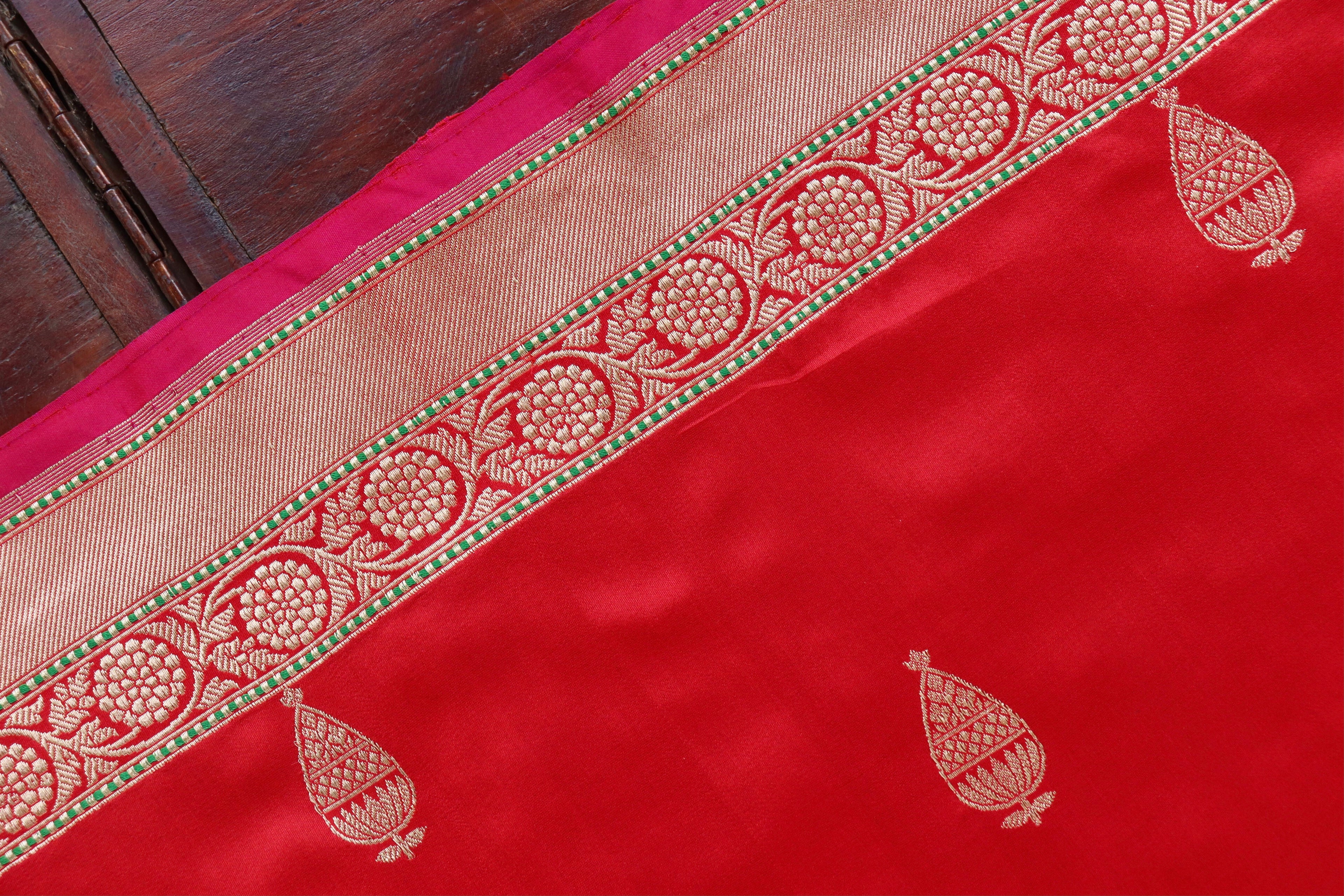 Red Aisha Kadhua Motif Pure Katan Silk Handloom Saree