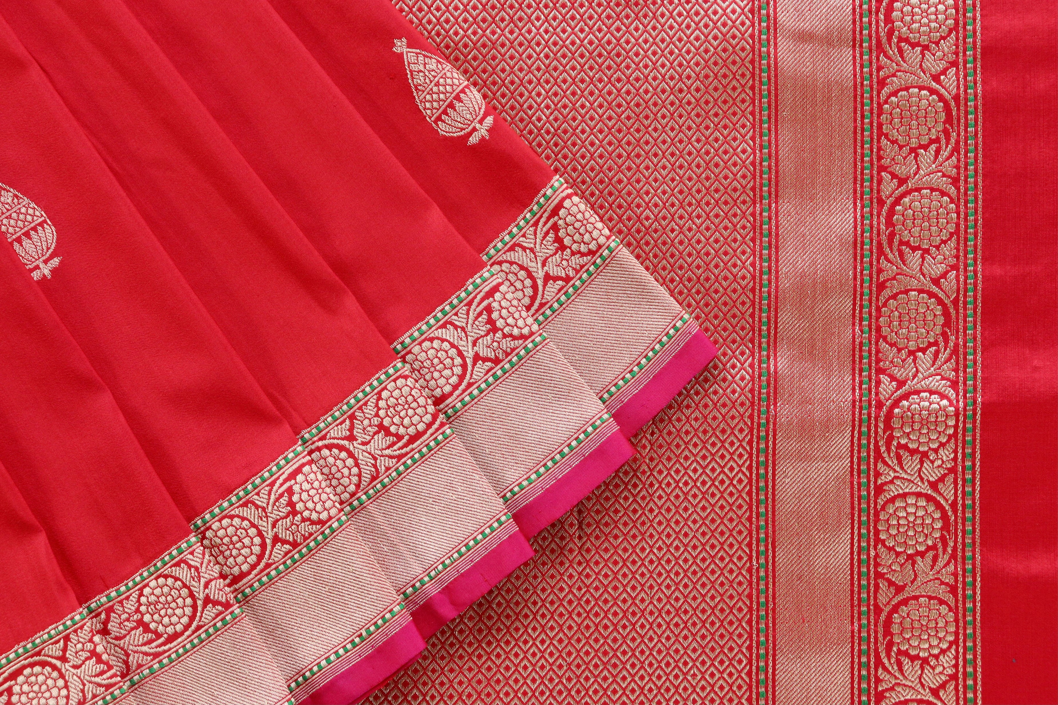 Red Aisha Kadhua Motif Pure Katan Silk Handloom Saree