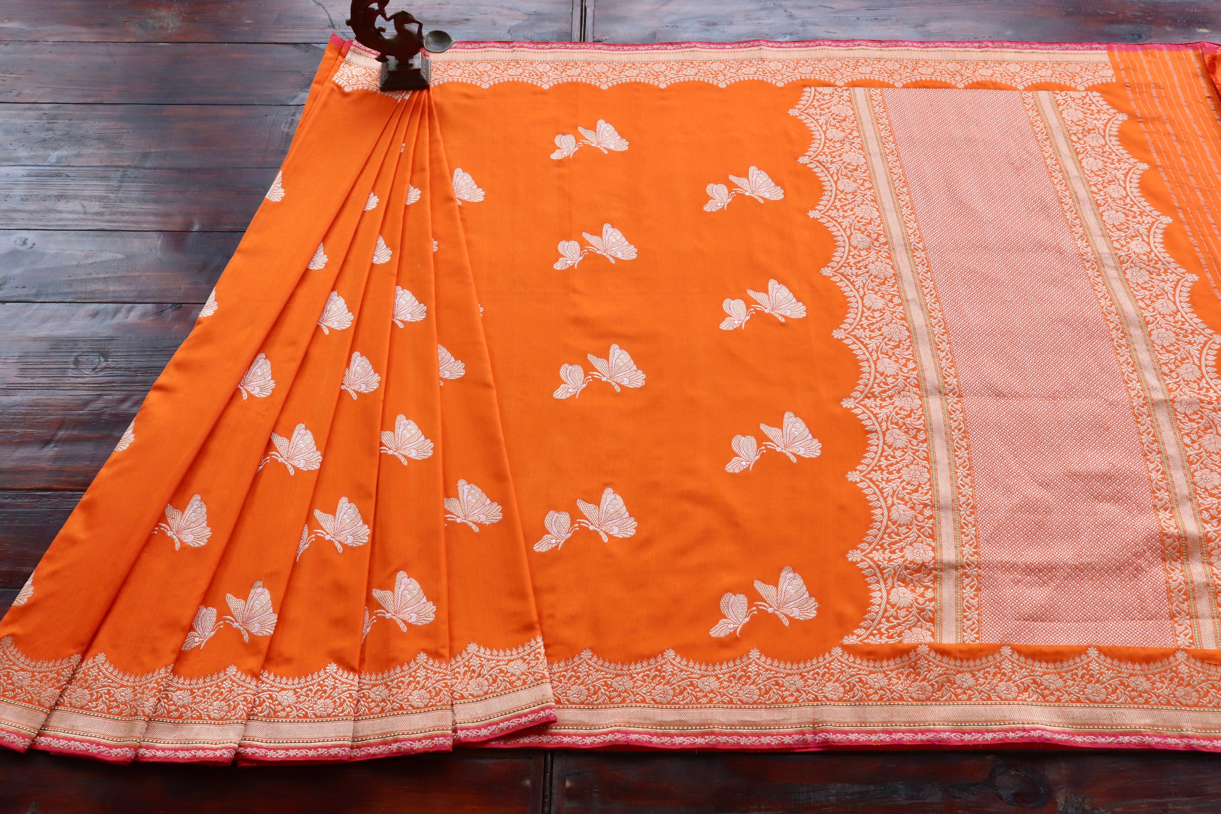 Orange Butterfly Motif Pure Silk Handloom Banarasi Saree