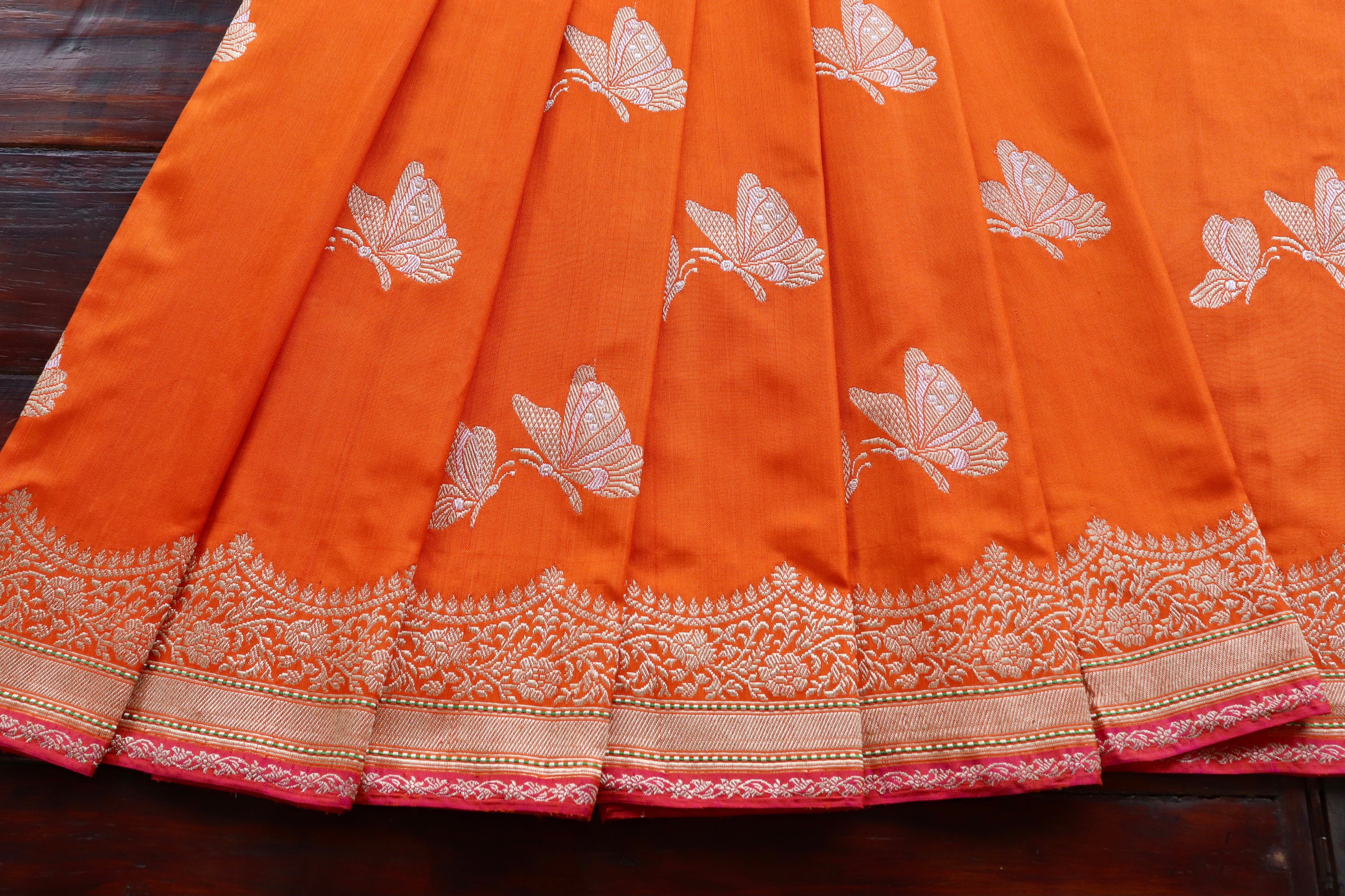 Orange Butterfly Motif Pure Silk Handloom Banarasi Saree