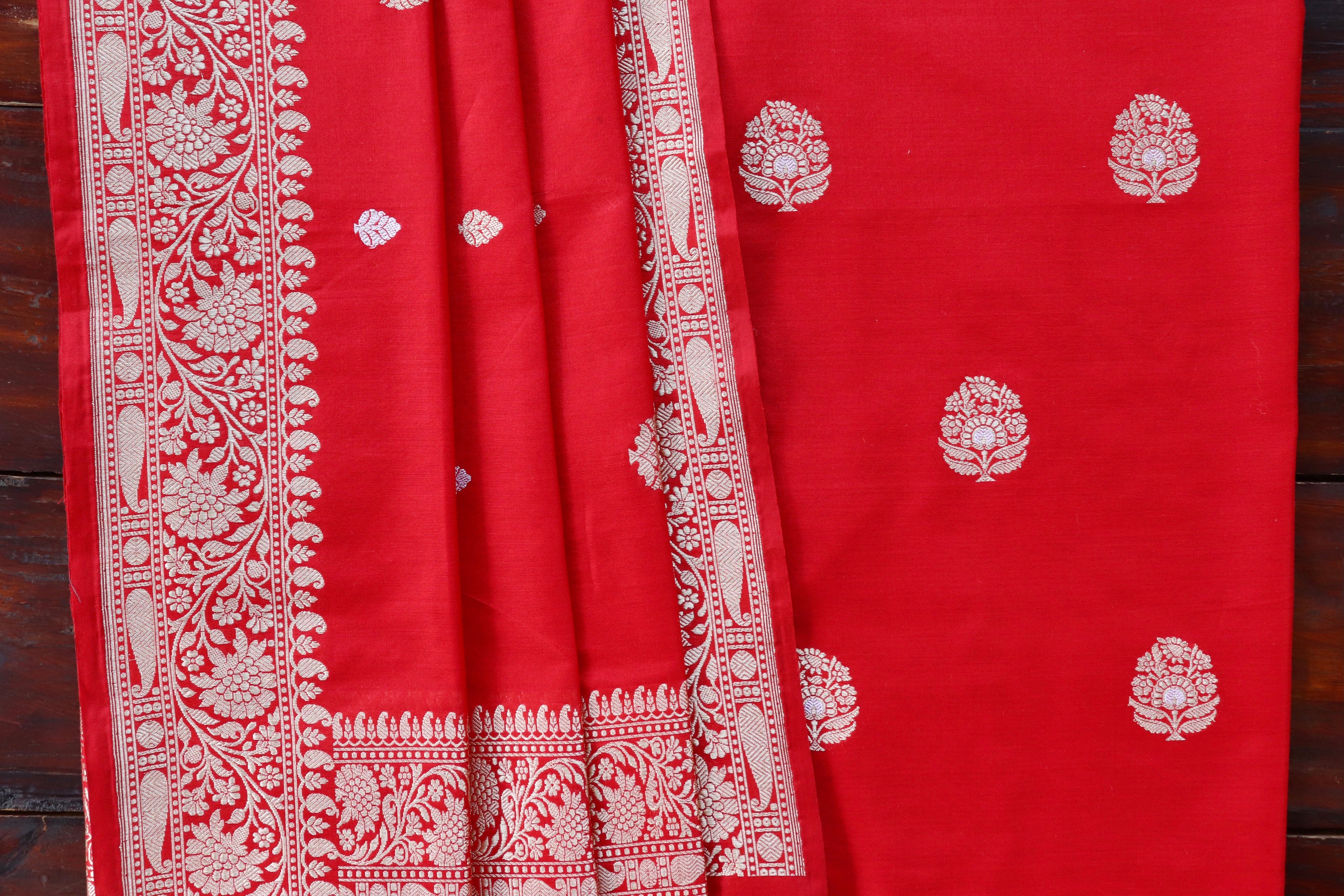 Red Kadhua Pure Silk Piece Banarasi Suit Material Set
