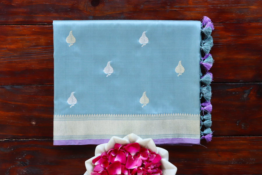 Sky Blue handloom Banarsi saree with kadhua motifs in pure silk