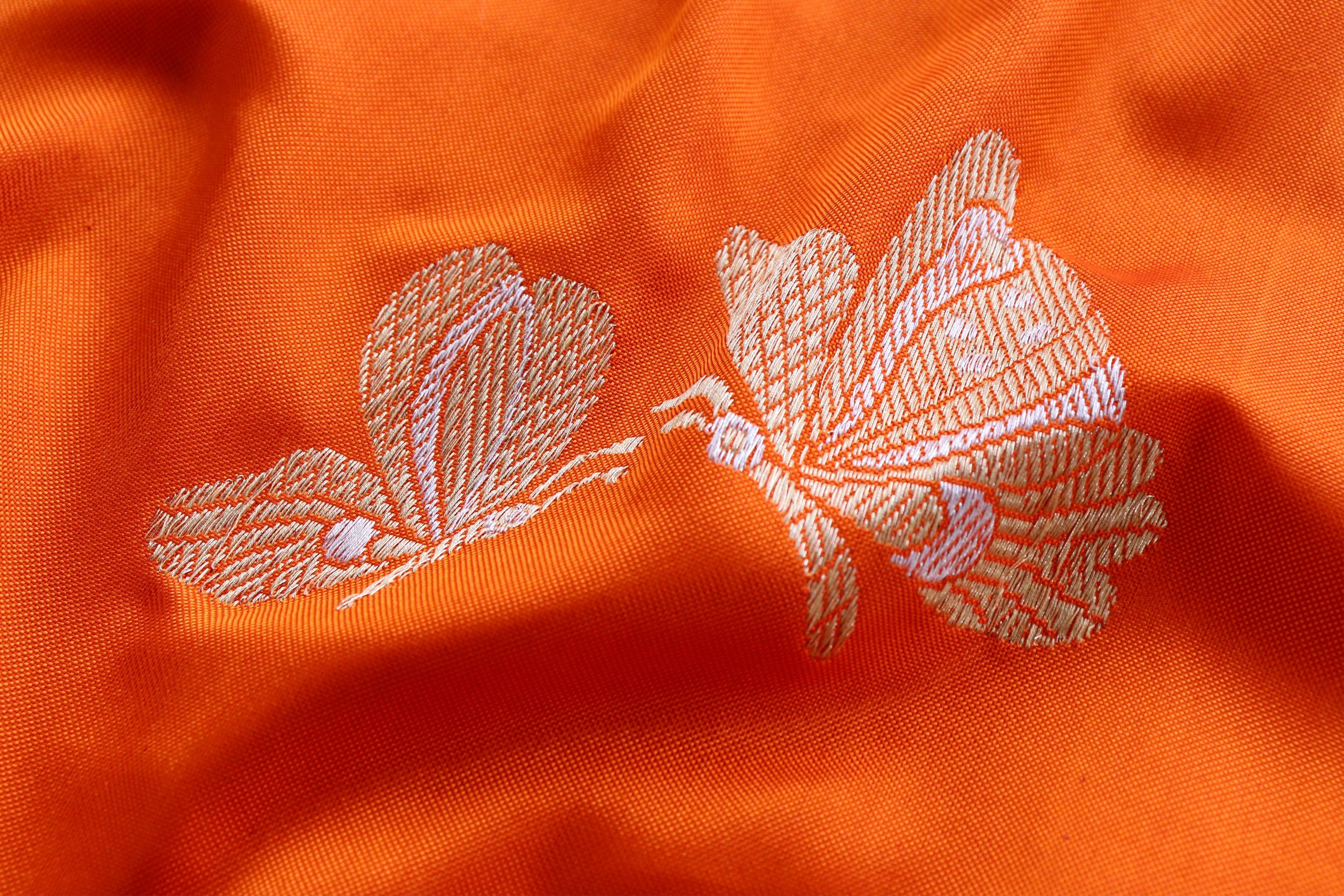 Orange Butterfly Motif Pure Silk Handloom Banarasi Saree