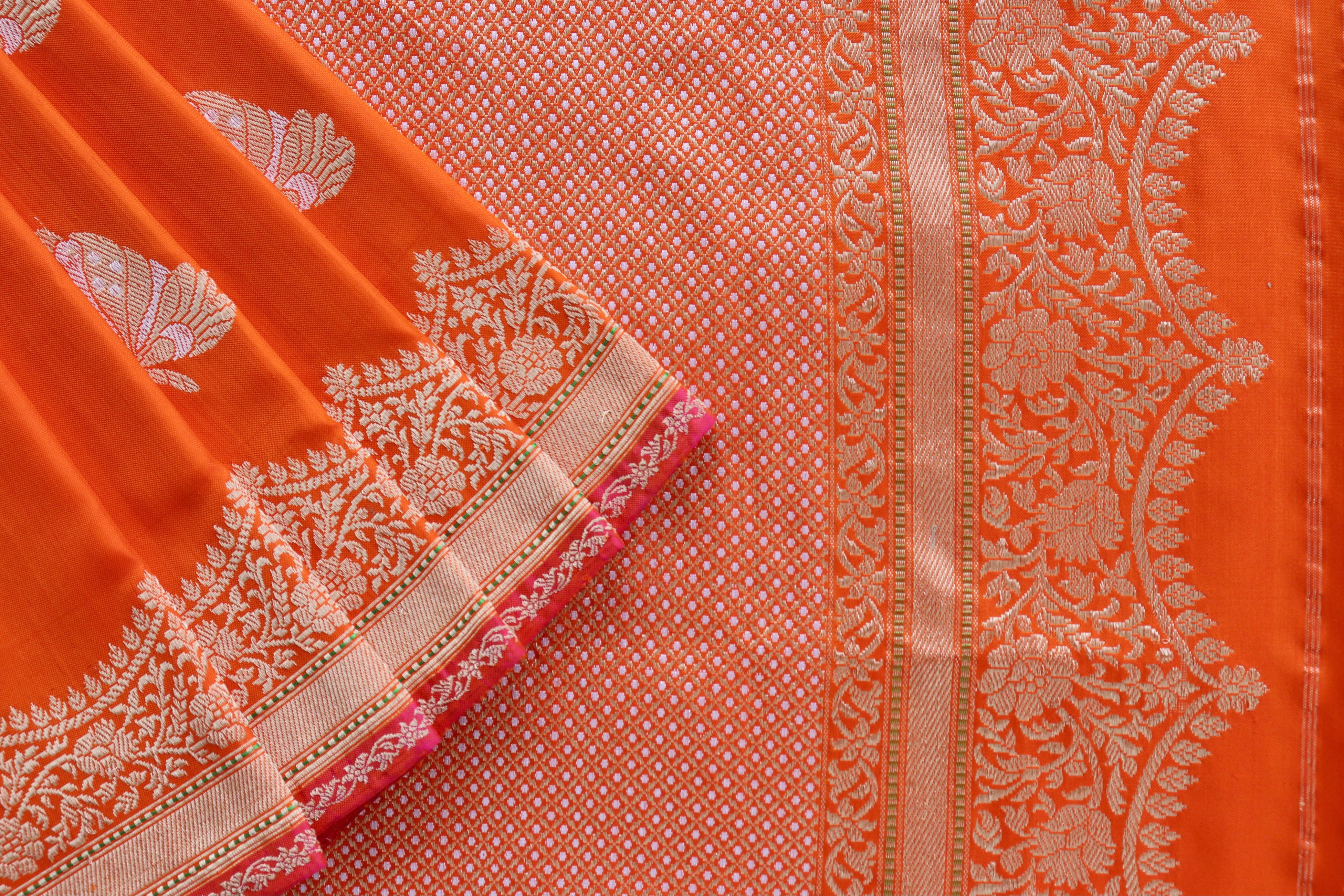 Orange Butterfly Motif Pure Silk Handloom Banarasi Saree