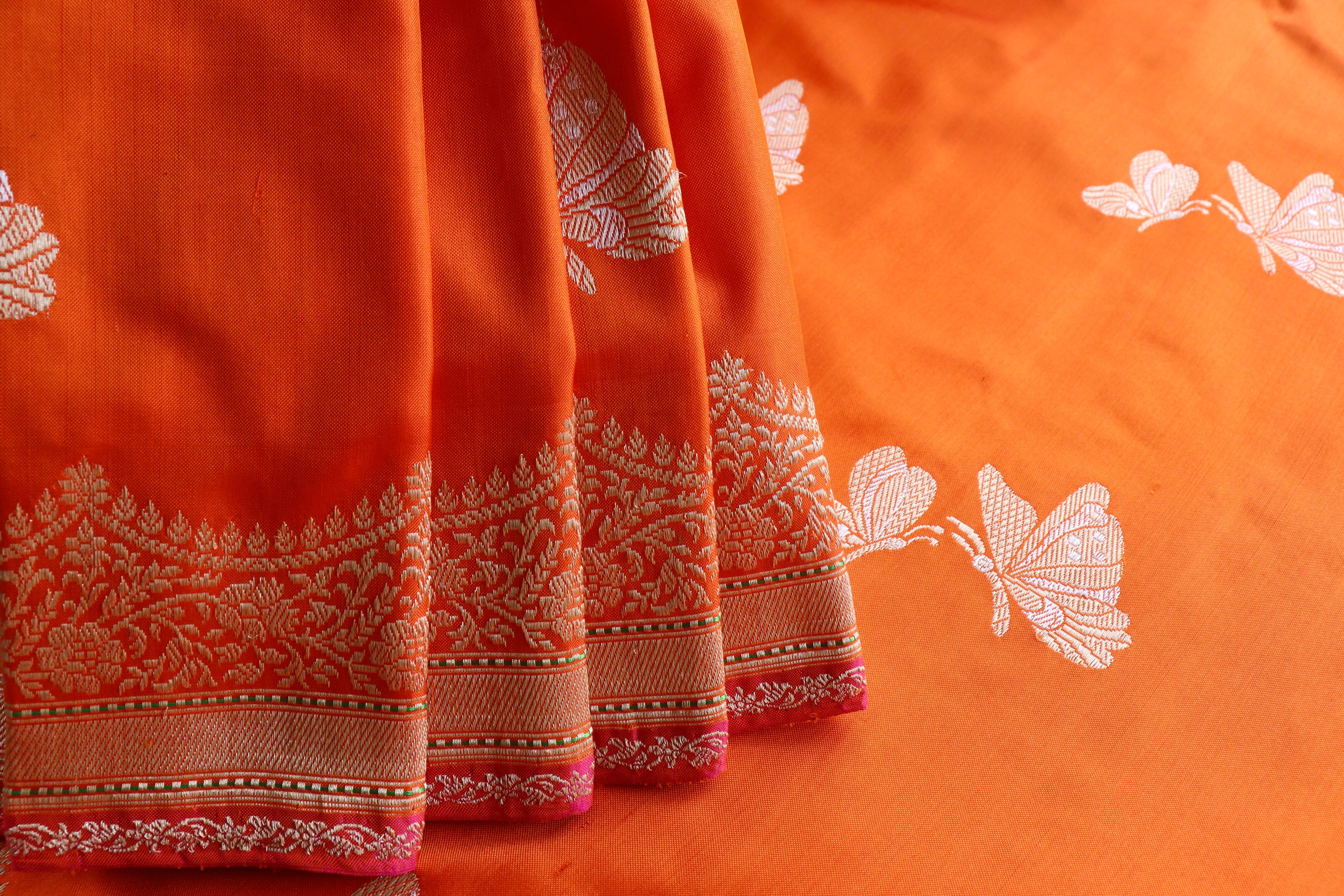 Orange Butterfly Motif Pure Silk Handloom Banarasi Saree